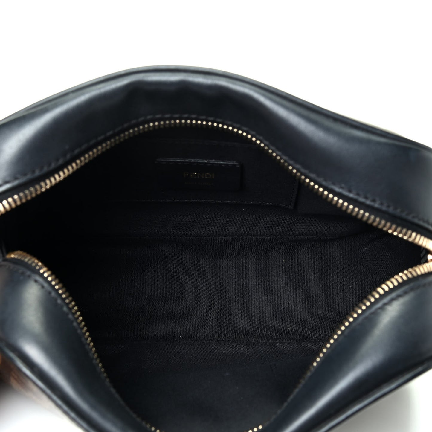 Glazed Fabric Vitello Century F is Fendi FF 1974 Stamp Patch Camera Case Mogano Panna Black