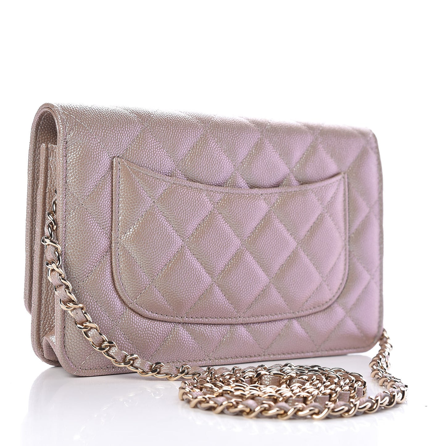 Iridescent Caviar Quilted Wallet On Chain WOC Beige