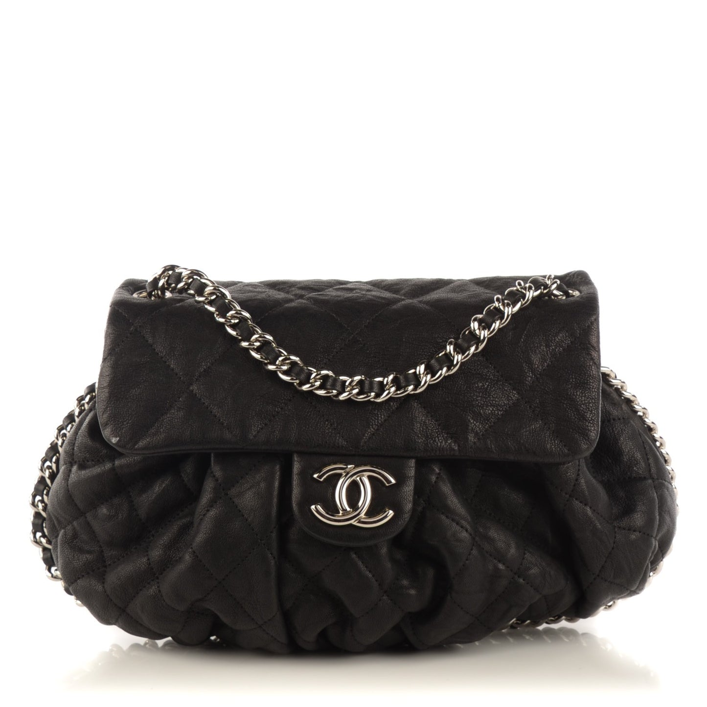 Washed Lambskin Quilted Medium Chain Around Messenger Black