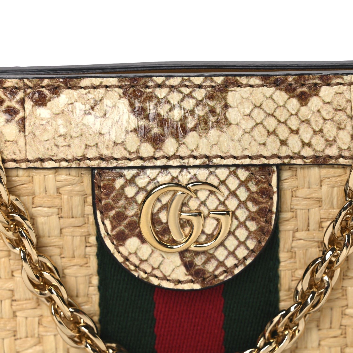 Gucci Raffia Elaphe GG Small Ophidia Chain Shoulder Bag Natural