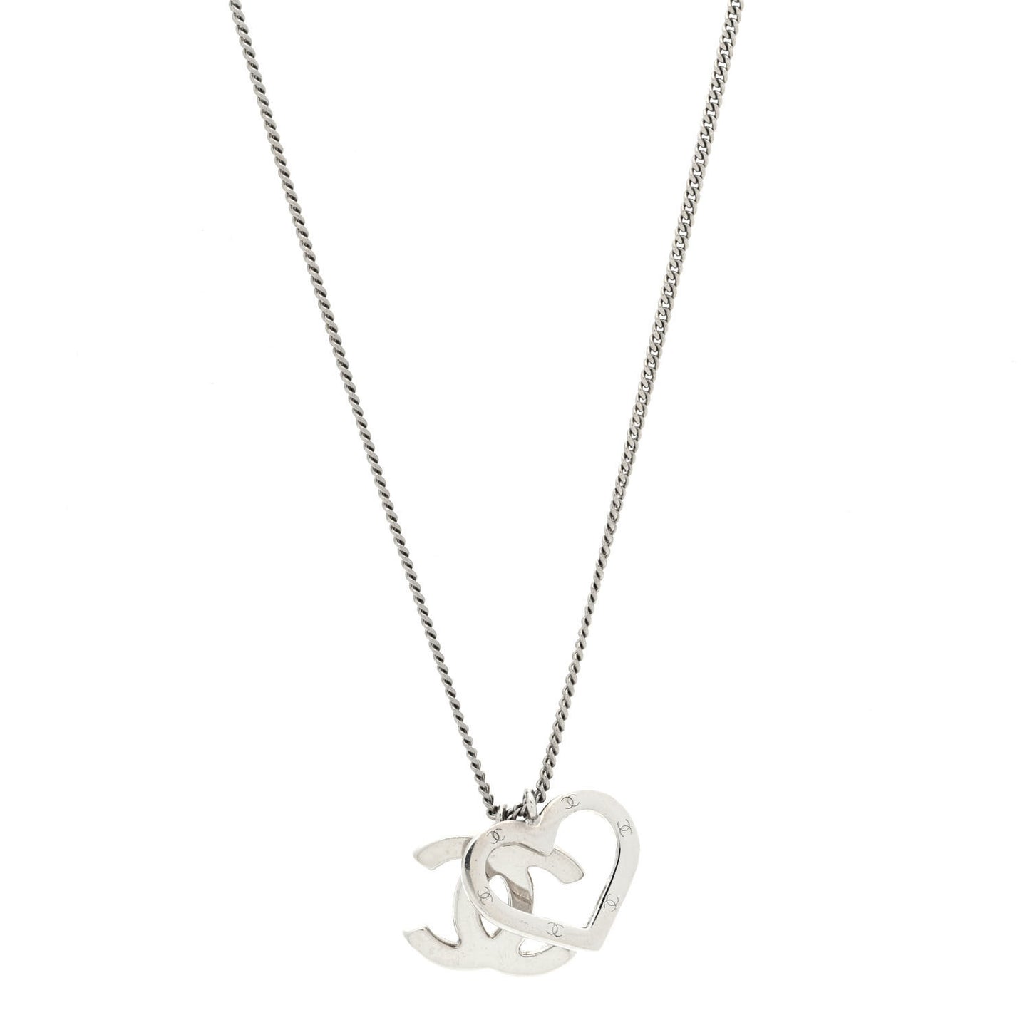 Metal CC Heart Pendant Necklace Silver