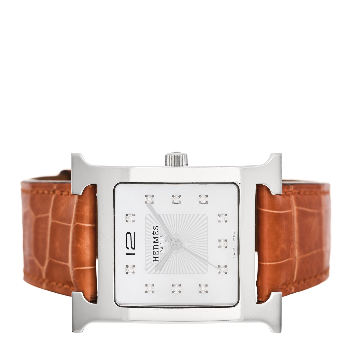 Stainless Steel Alligator Diamond Mother of Pearl 30.5mm Heure H Hour Quartz Watch Orange