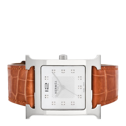 Hermes Stainless Steel Alligator Diamond Mother of Pearl 30.5mm Heure H Hour Quartz Watch Orange 2 of 4