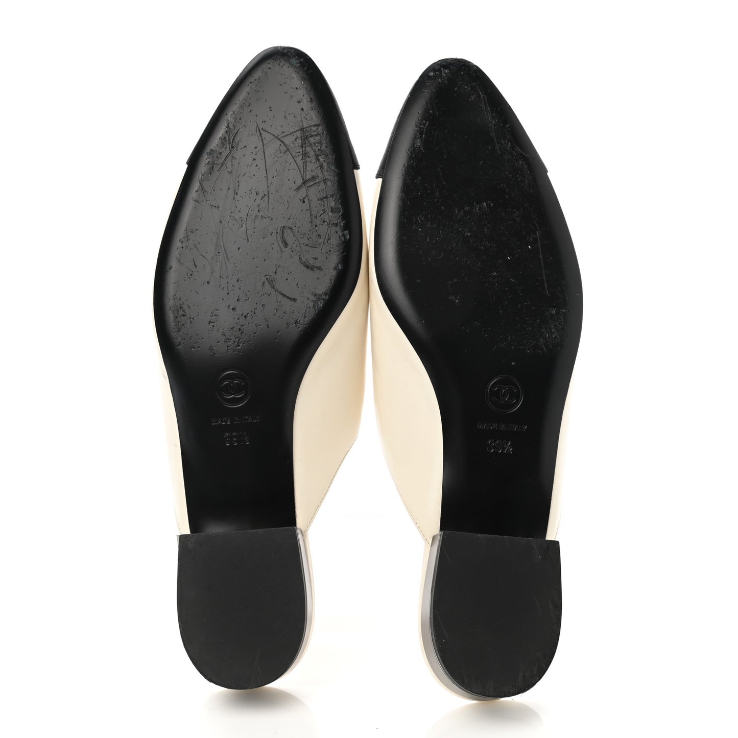 Lambskin Grosgrain Cap Toe CC Mules 39.5 White Black