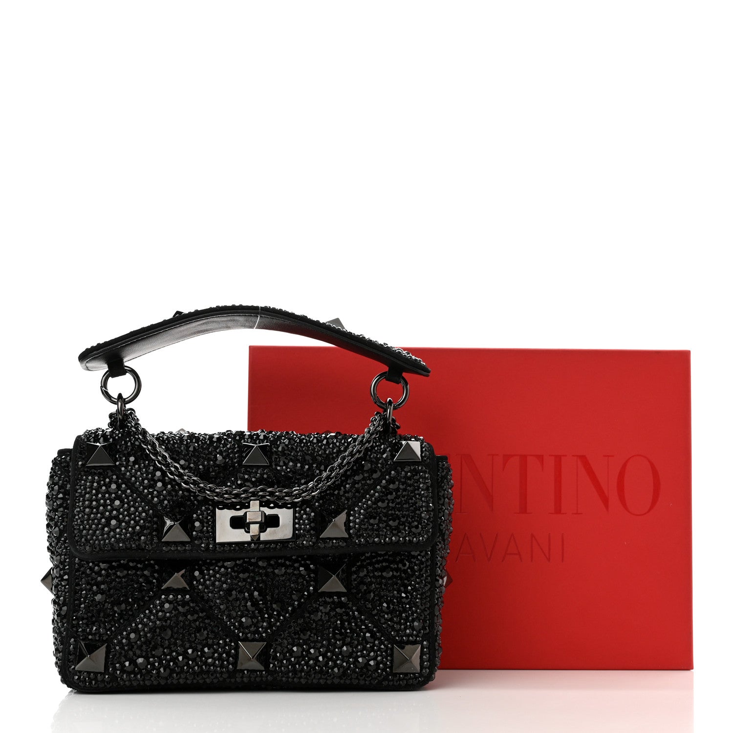 Valentino Garavani Crystal Suede Lacquer Monochrome Medium Roman Stud Shoulder Bag Black 9 of 9
