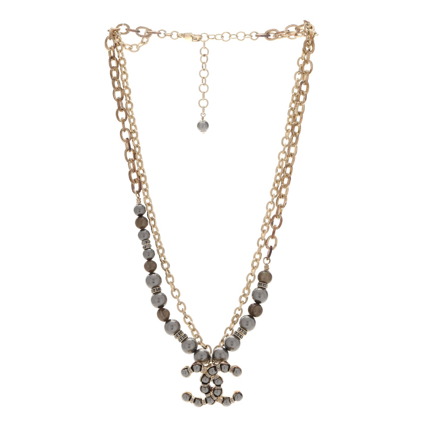 Crystal Pearl Nefertiti CC Double Chain Pendant Necklace Gold Dark Grey
