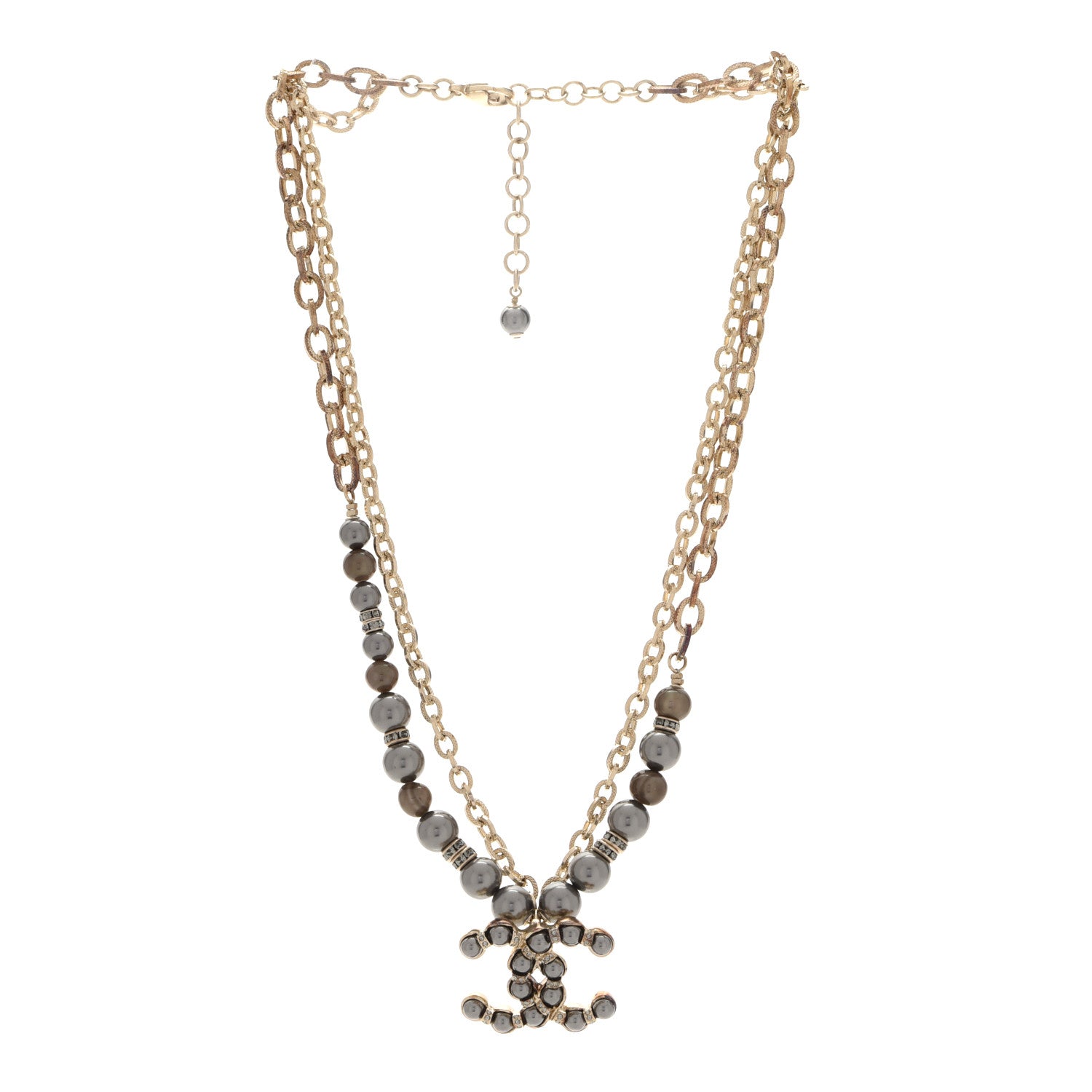 Chanel Crystal Pearl Nefertiti CC Double Chain Pendant Necklace Gold Dark Grey 3 of 6