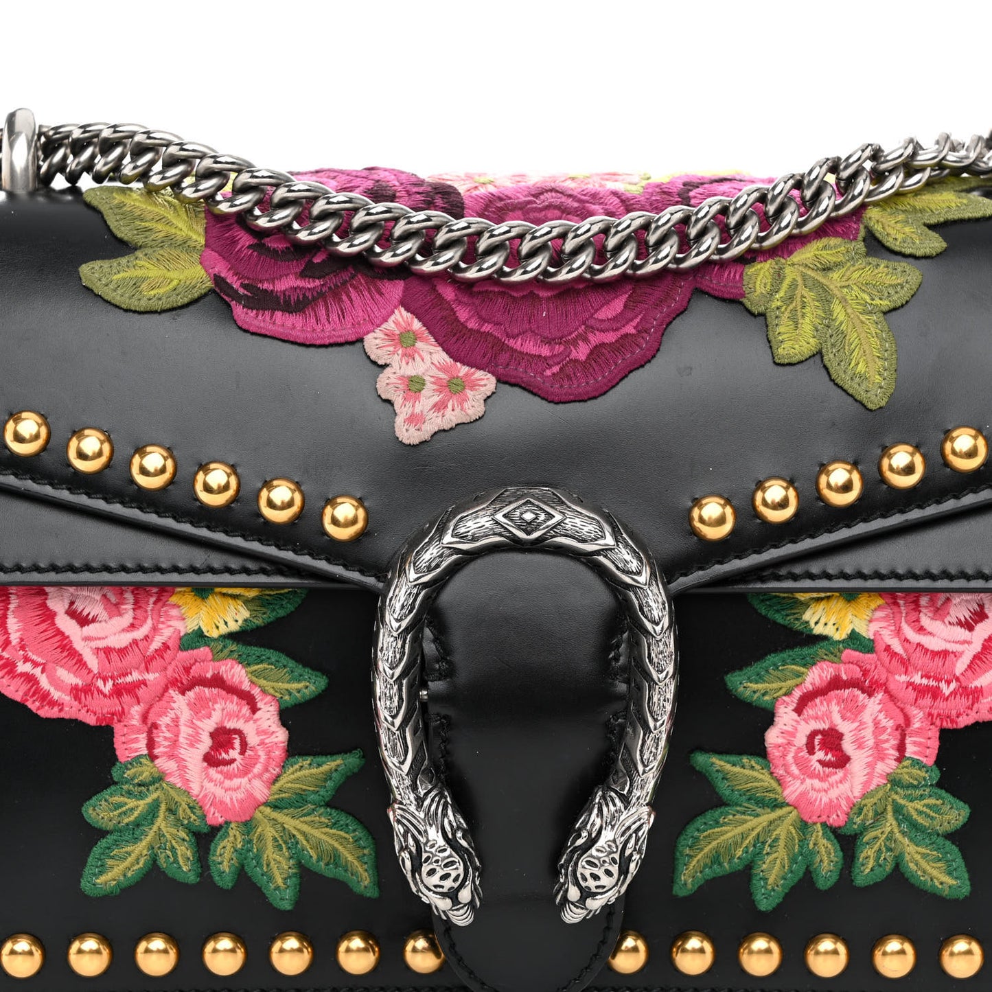 Calfskin Floral Embroidered Studded Small Dionysus Shoulder Bag Black
