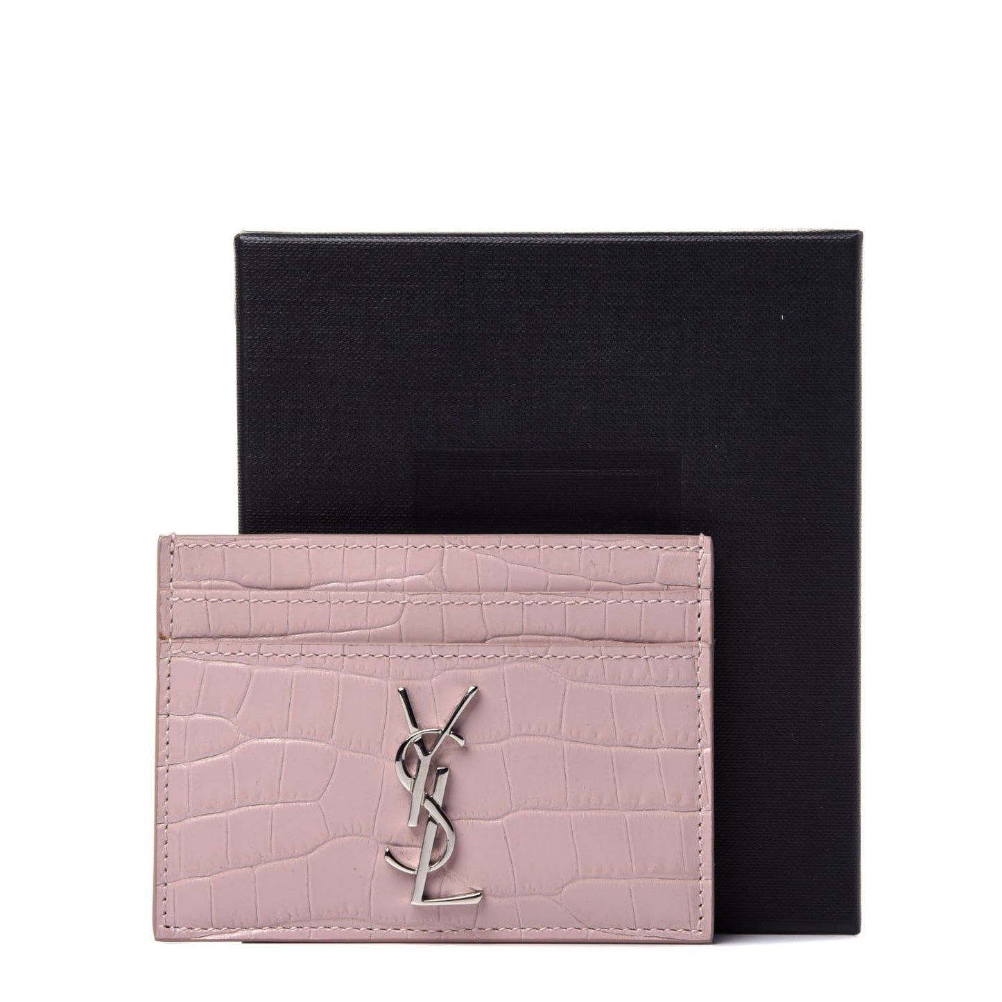 Calfskin Crocodile Embossed Monogram Card Case Rose Antic