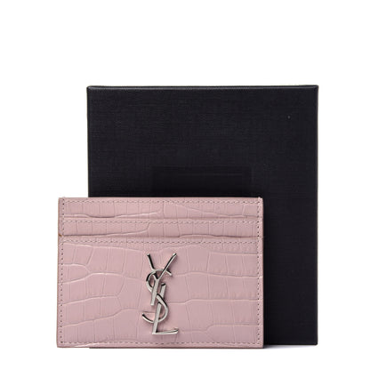 Saint Laurent Calfskin Crocodile Embossed Monogram Card Case Rose Antic 10 of 10