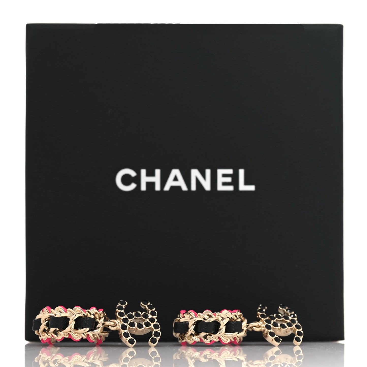 Lambskin Enamel Crystal CC Chain Hoop Drop Earrings Gold Black Pink