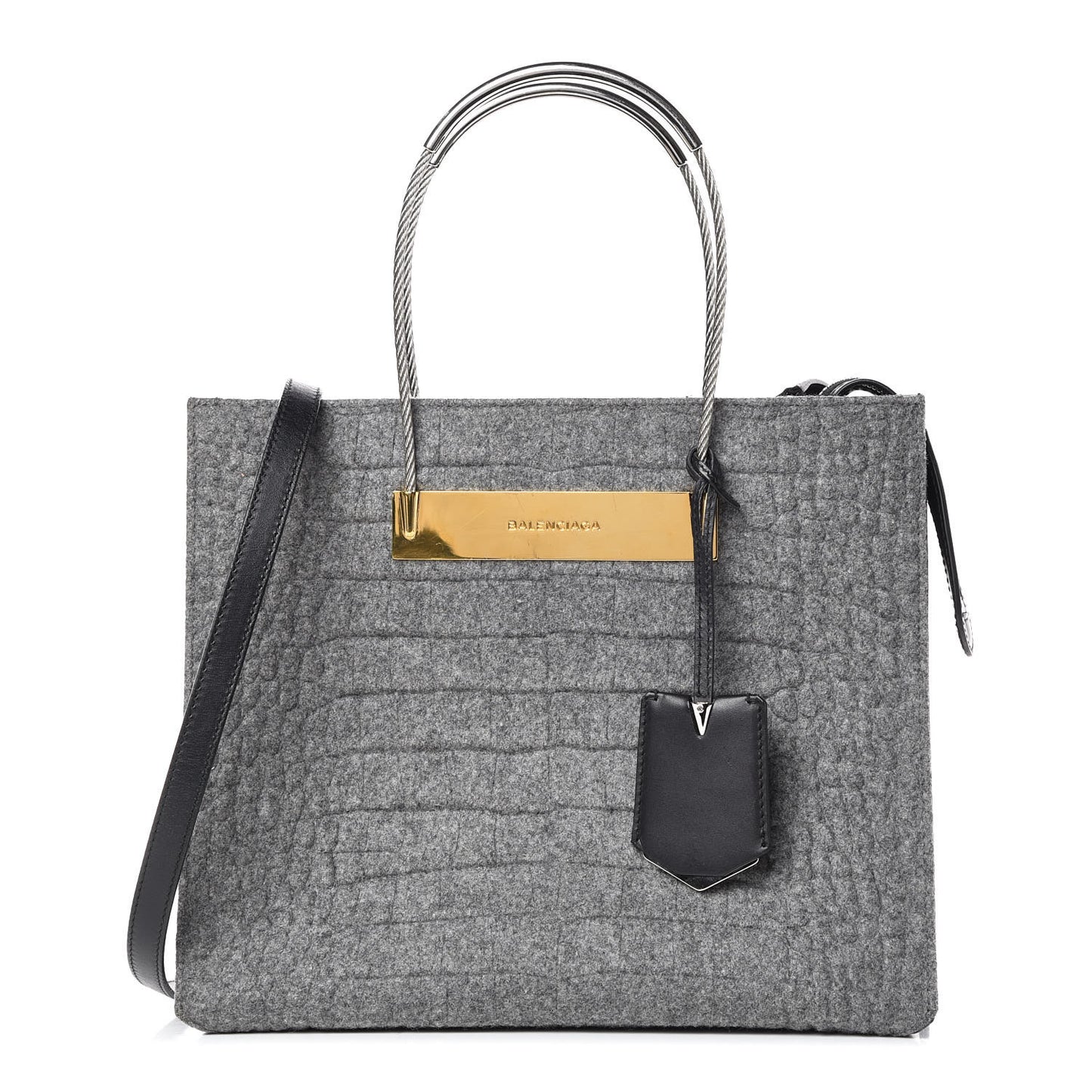 Crocodile Embossed Wool Small Cable Shopper Tote Grey