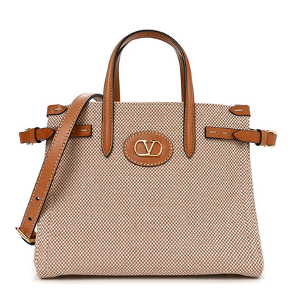 Valentino Garavani Cotton Canvas Calfskin Vlogo Small Antibes Tote Naturale Tobacco 1 of 9