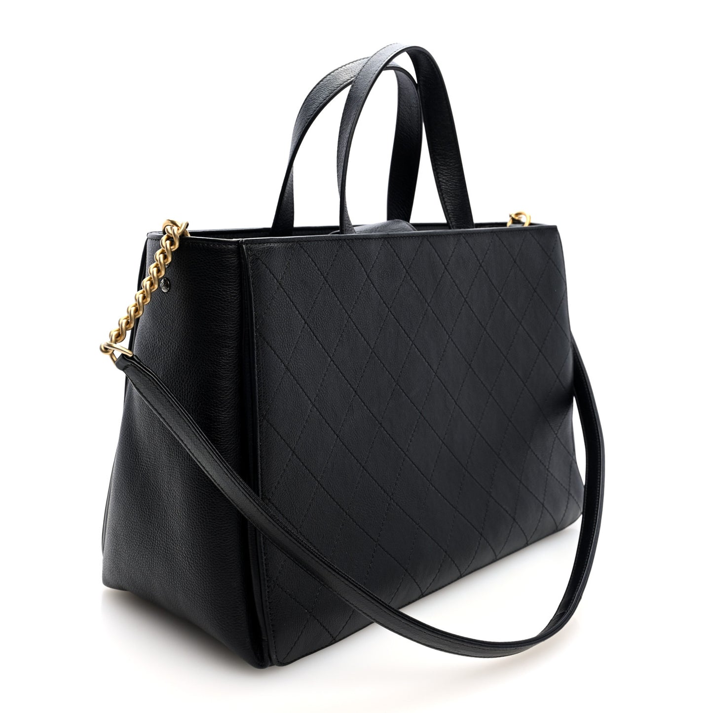 Calfskin Stitched Large Straight Lines Shopping Tote Black