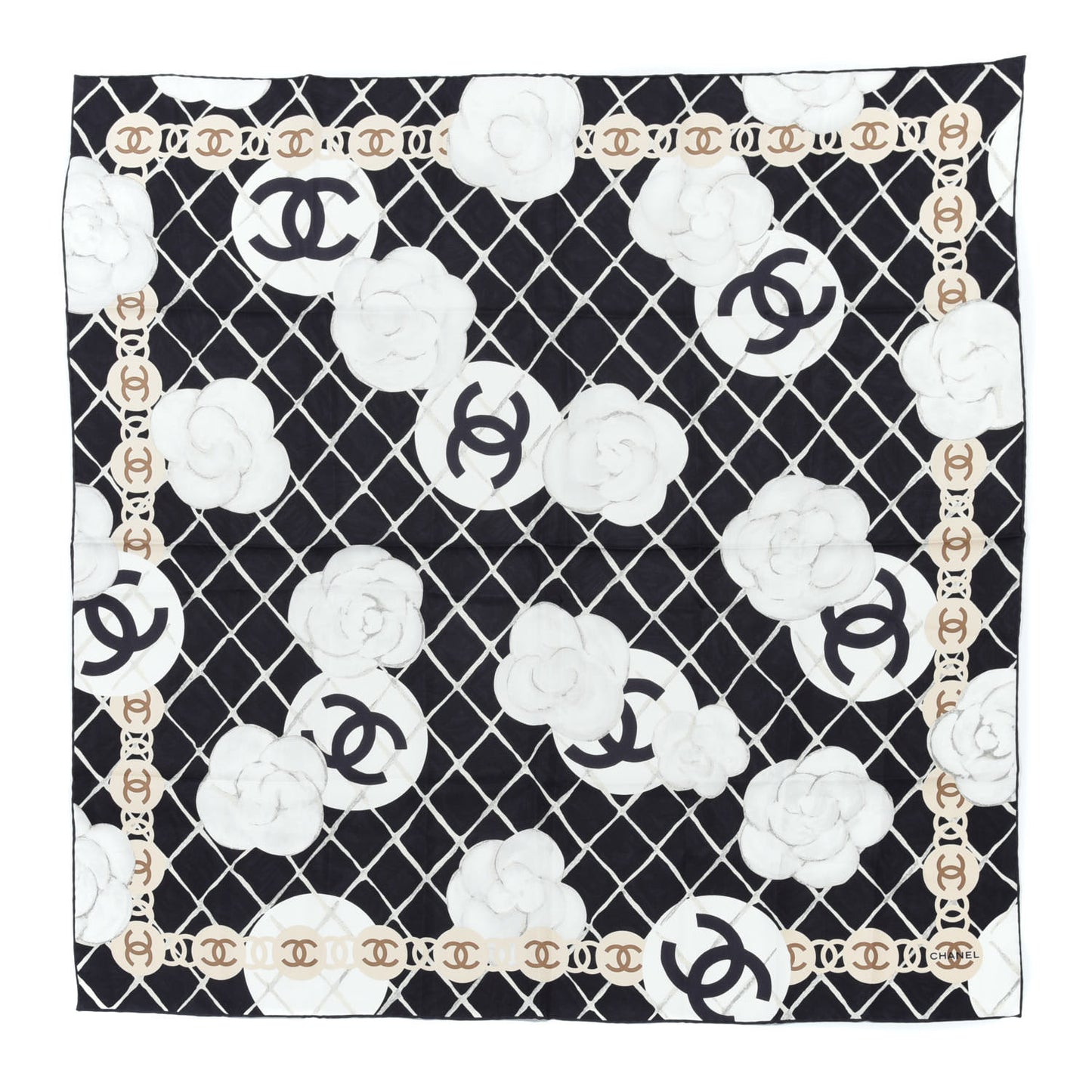 Silk CC Logo Camellia Scarf White Black