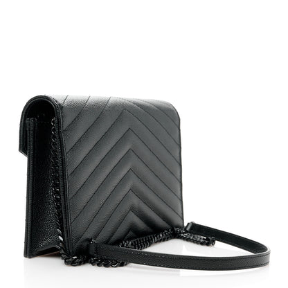 Saint Laurent Grain De Poudre Matelasse Chevron Monogram Monochrome Envelope Chain Wallet Black 3 of 9