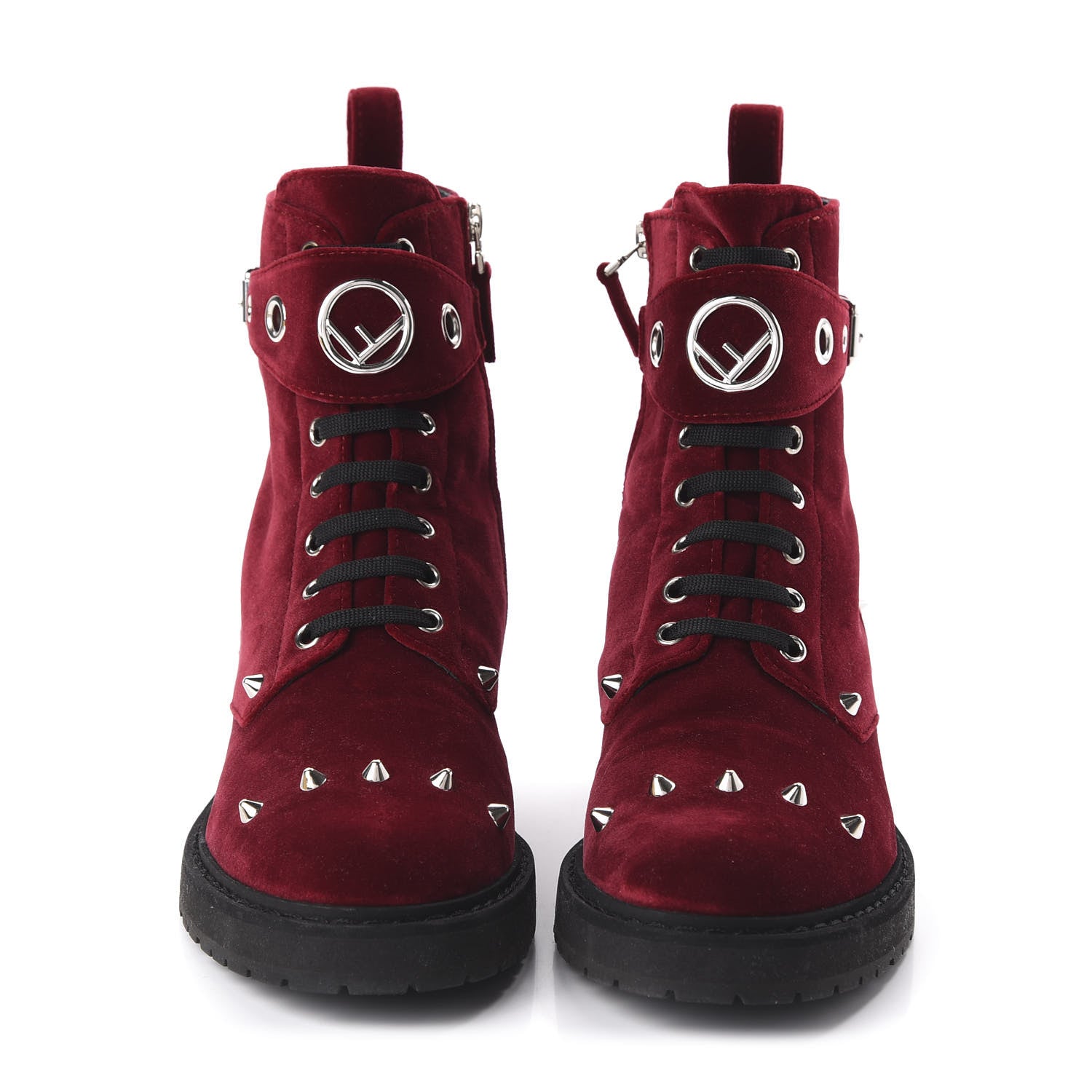 Fendi Velvet Studded FF Combat Boots 39.5 Bordeaux 2 of 8