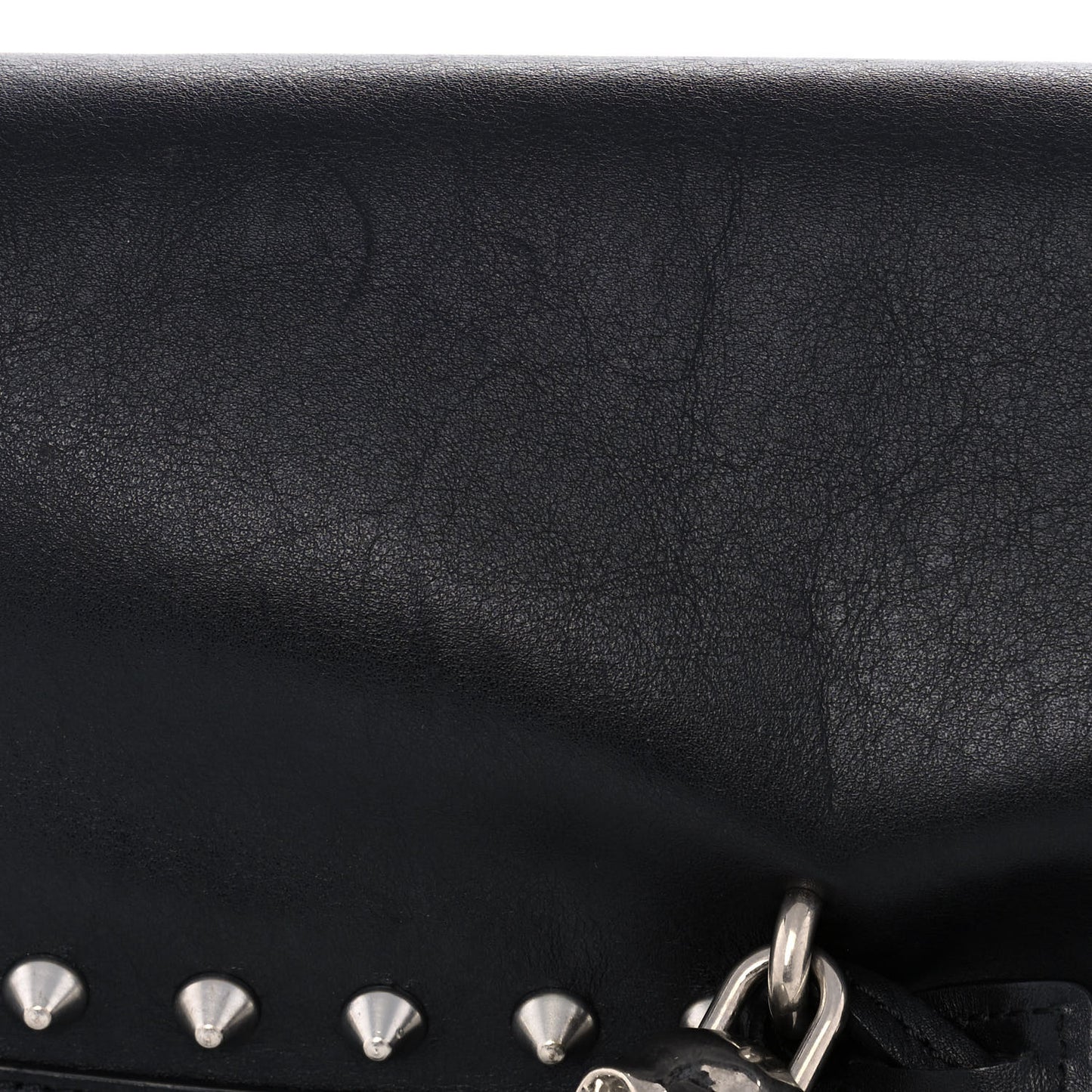 Grainy Calfskin Studded Padlock Skull Clutch Black