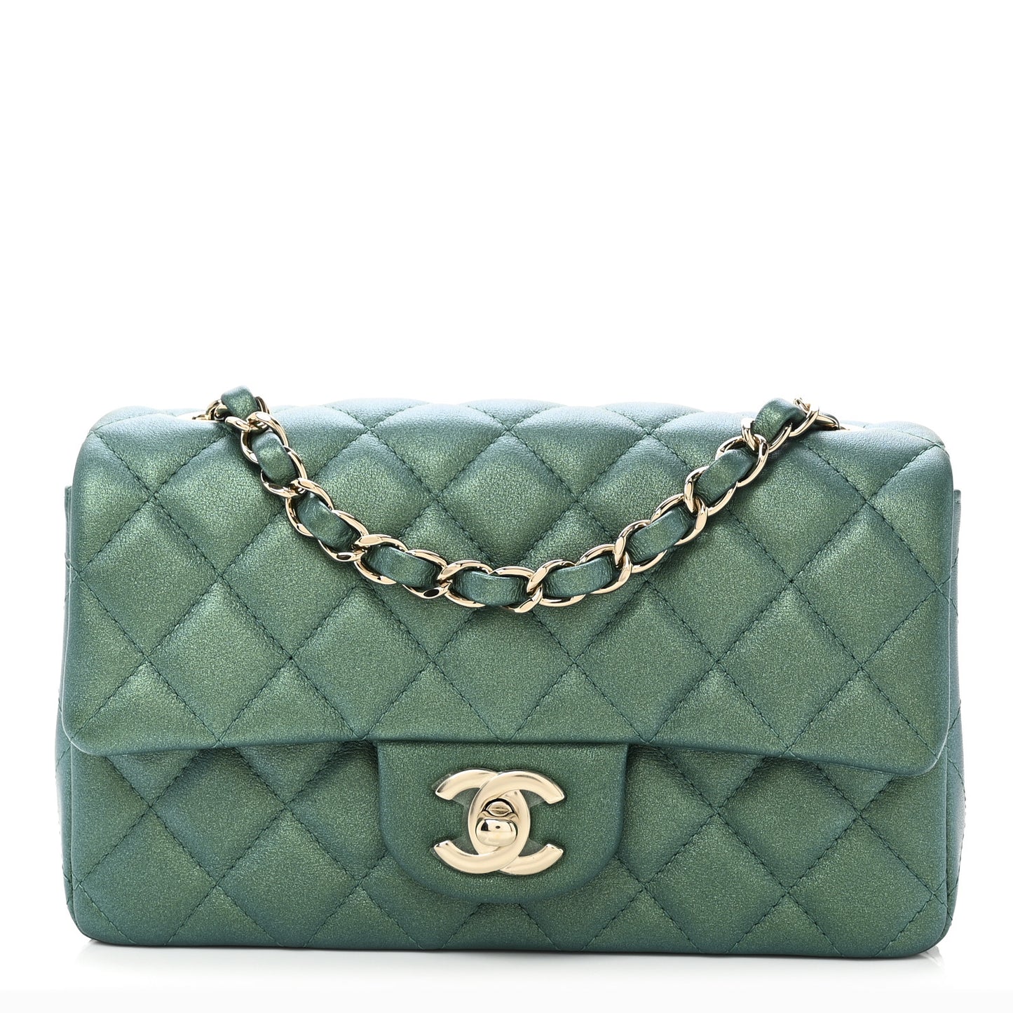 Iridescent Lambskin Quilted Mini Rectangular Flap Green