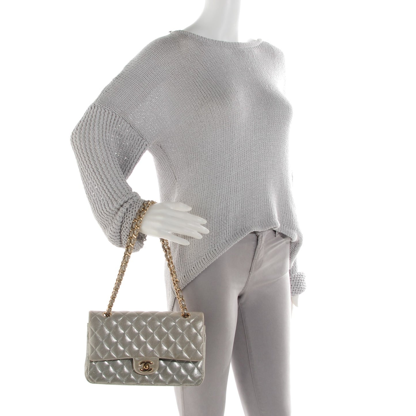 Iridescent Calfskin Medium Double Flap Light Gold