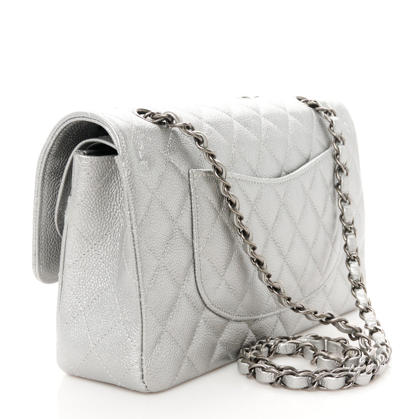 Metallic Caviar Quilted Medium Double Flap Silver