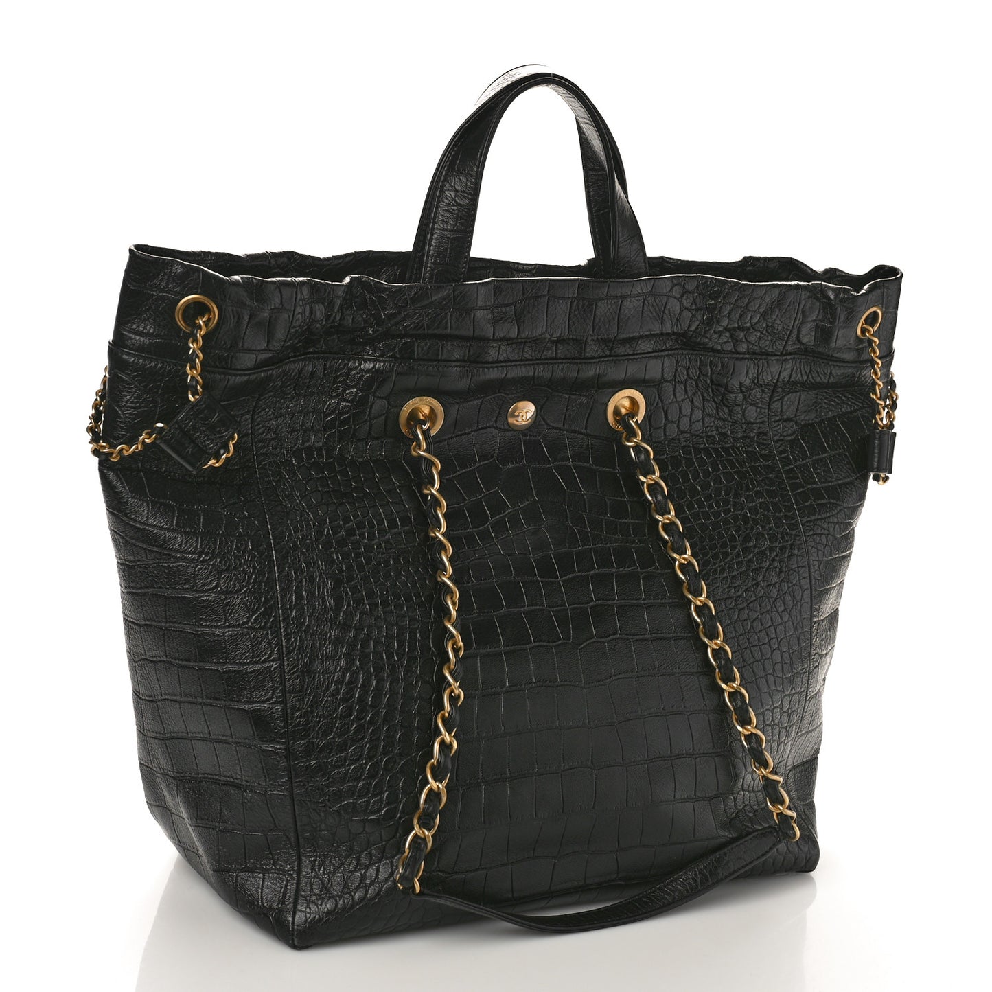 Calfskin Crocodile Embossed Large Cocodile Shopping Tote Black