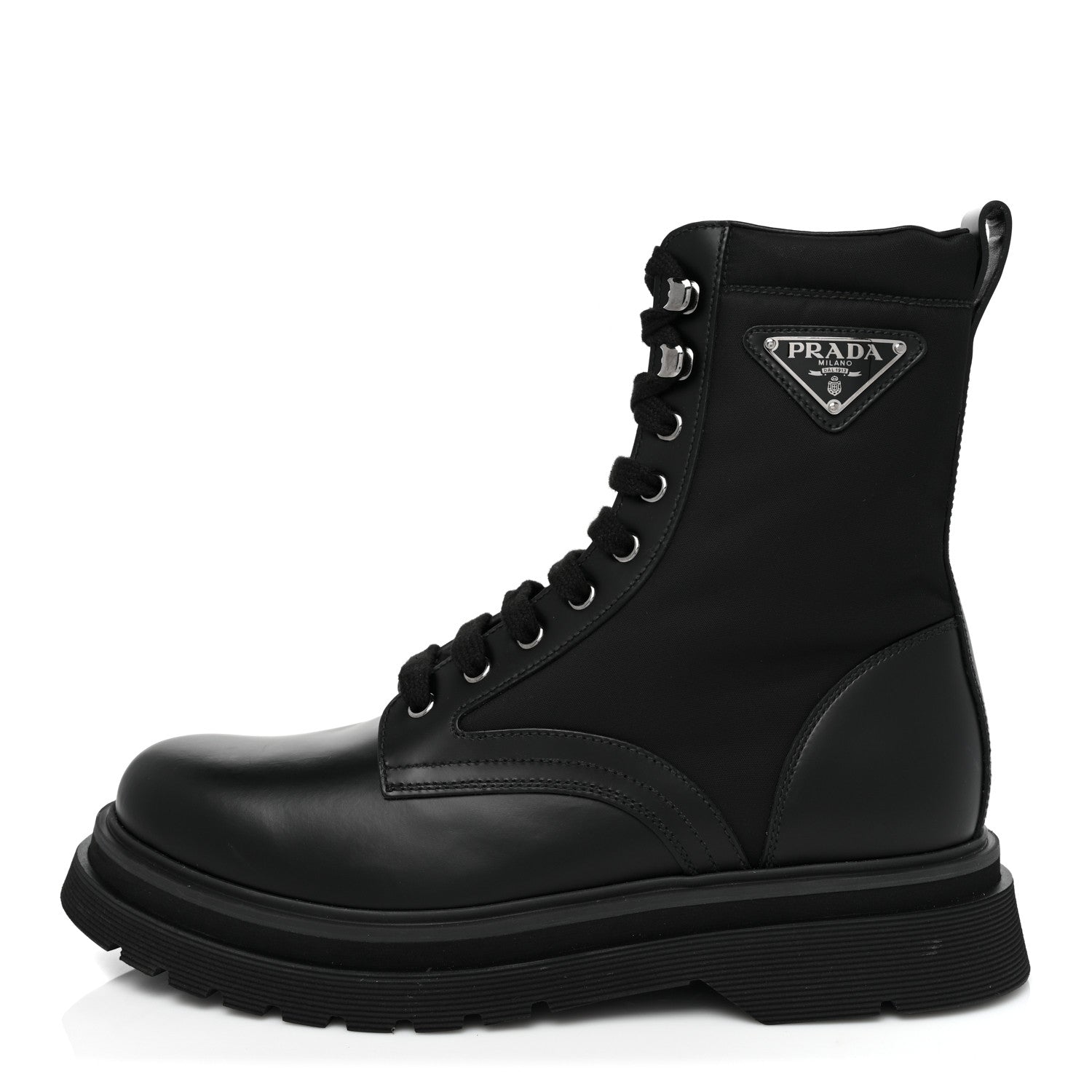 Prada Spazzolato Rois Re-Nylon Metal Triangle Logo Mens 40mm Combat Boots 6 Black 1 of 9