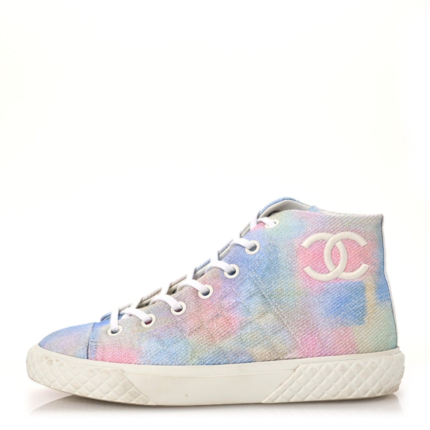 Printed Fabric Quilted High Top Sneakers 38.5 Green Pink Blue White