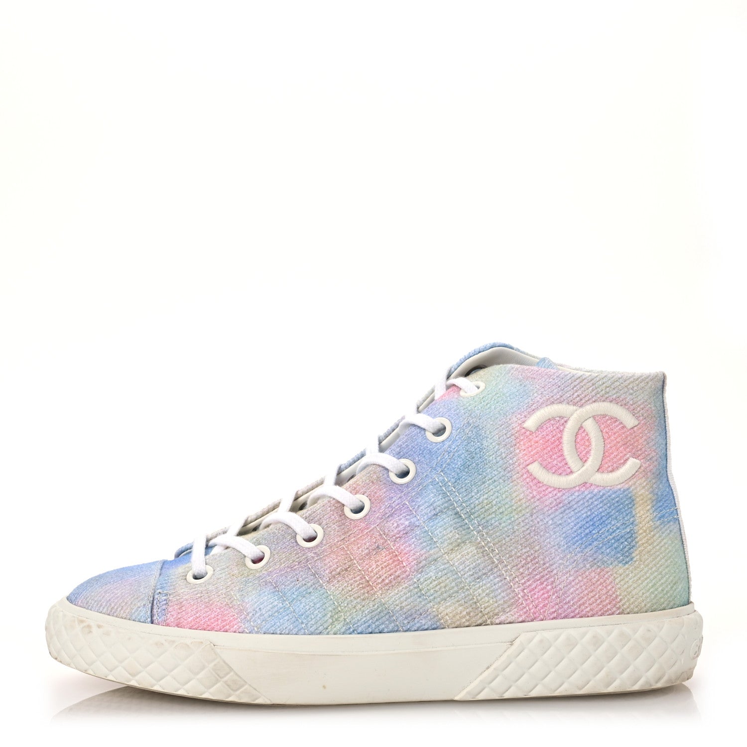 Chanel Printed Fabric Quilted High Top Sneakers 38.5 Green Pink Blue White 1 of 16