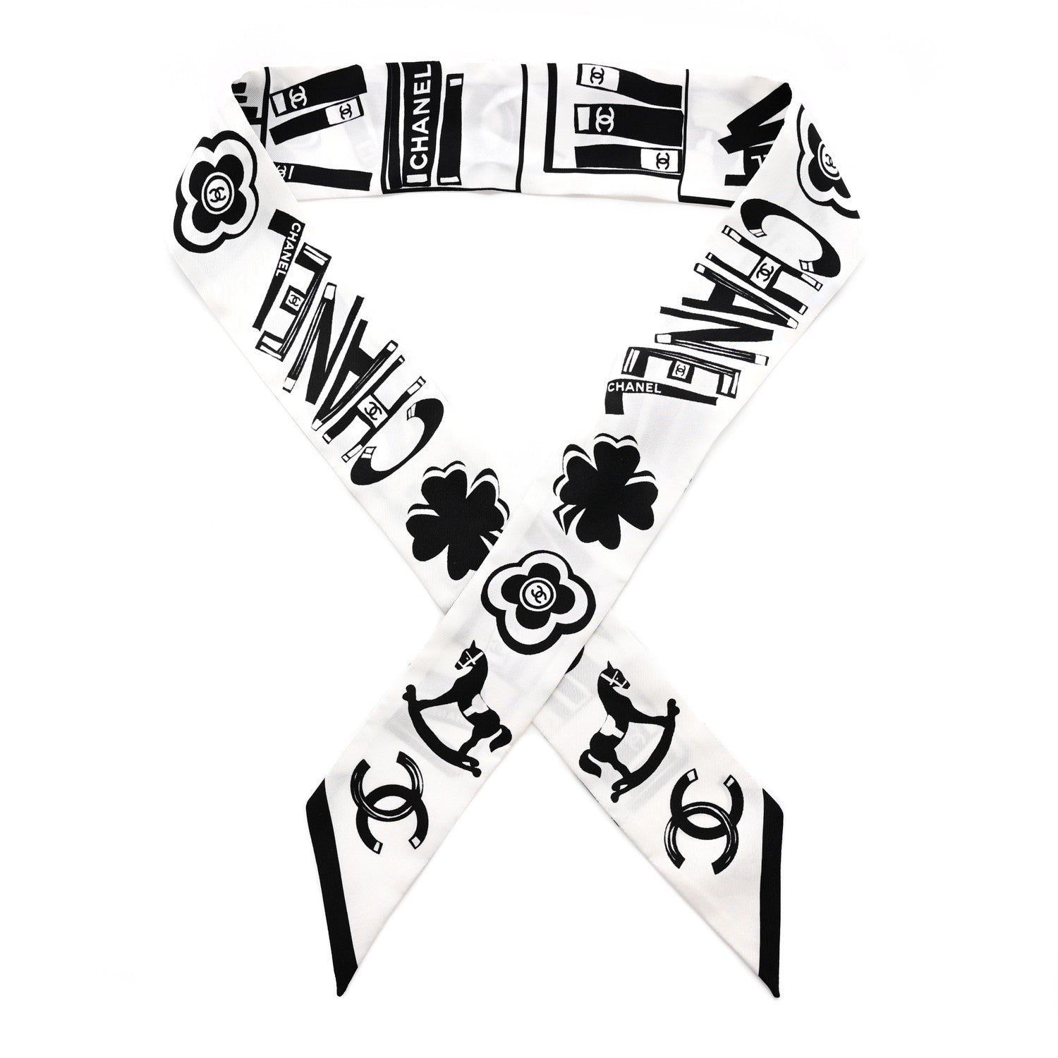 Chanel Silk CC Logo Slim Bandeau Scarf White Black 1 of 3