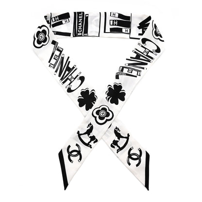 Chanel Silk CC Logo Slim Bandeau Scarf White Black 1 of 3