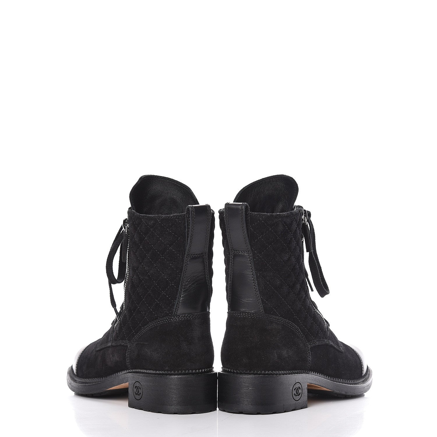 Chanel Suede Quilted CC Lace Up Combat Boots 37 Black 13 of 15