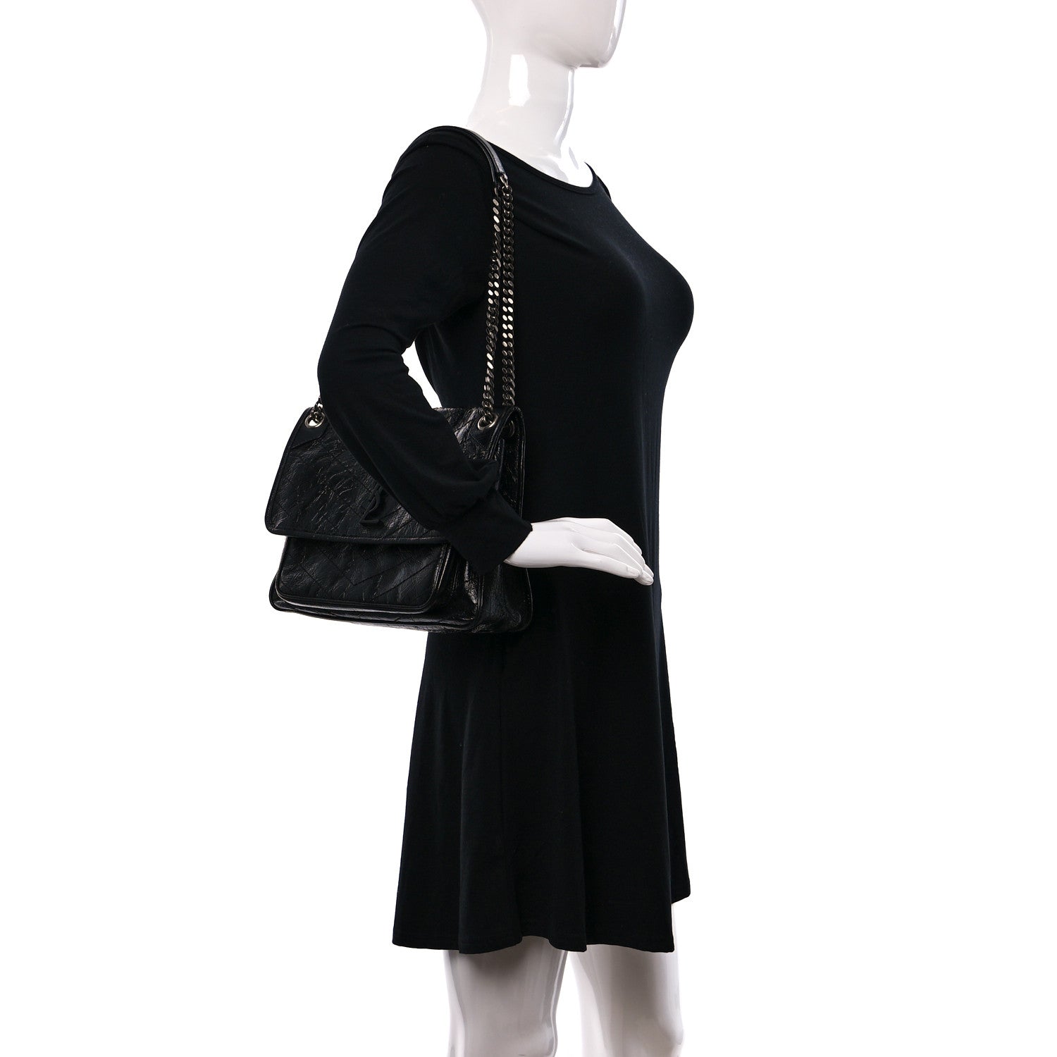 Saint Laurent Crinkled Calfskin Matelasse Monogram Medium Niki Chain Satchel Black 2 of 9