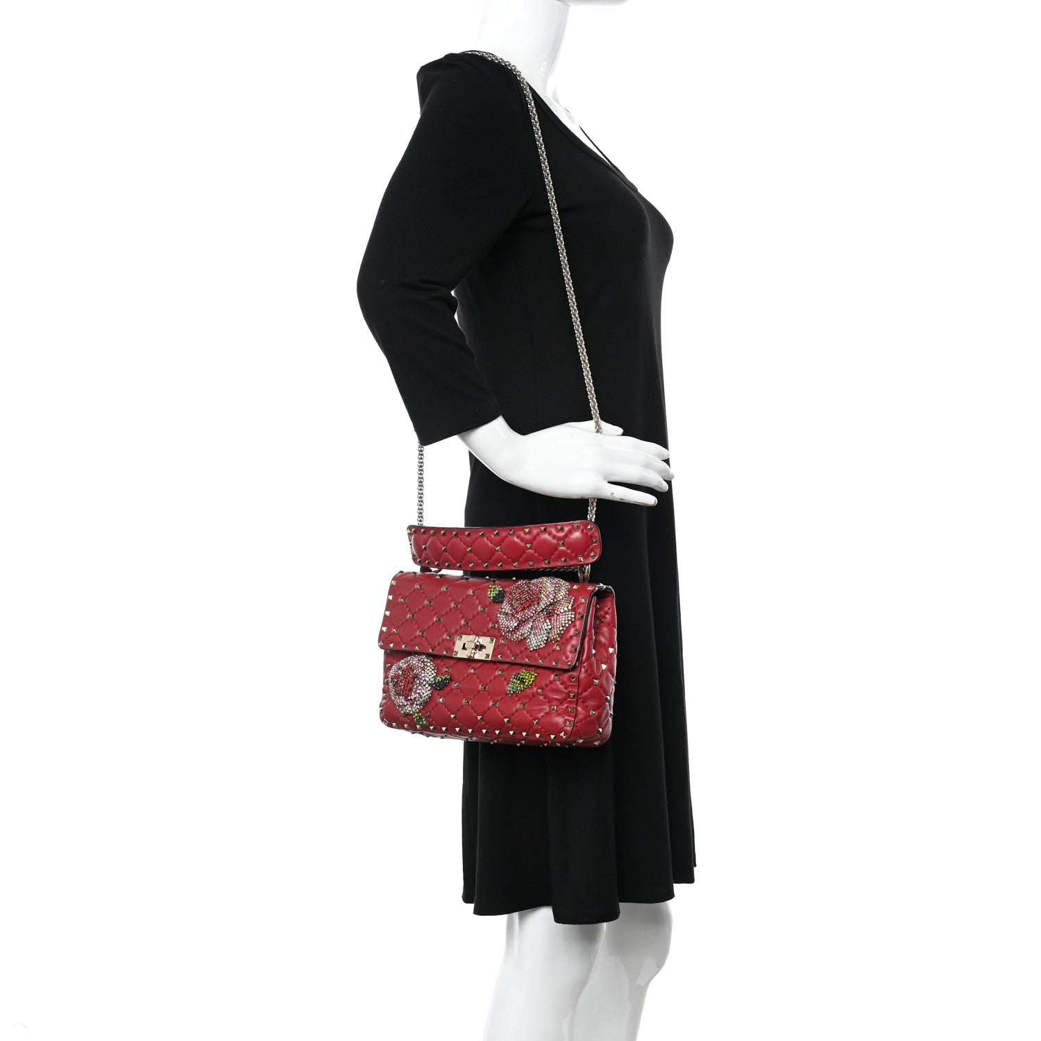 Valentino Garavani Nappa Roses Crystal Medium Rockstud Spike Shoulder Bag Red 2 of 9