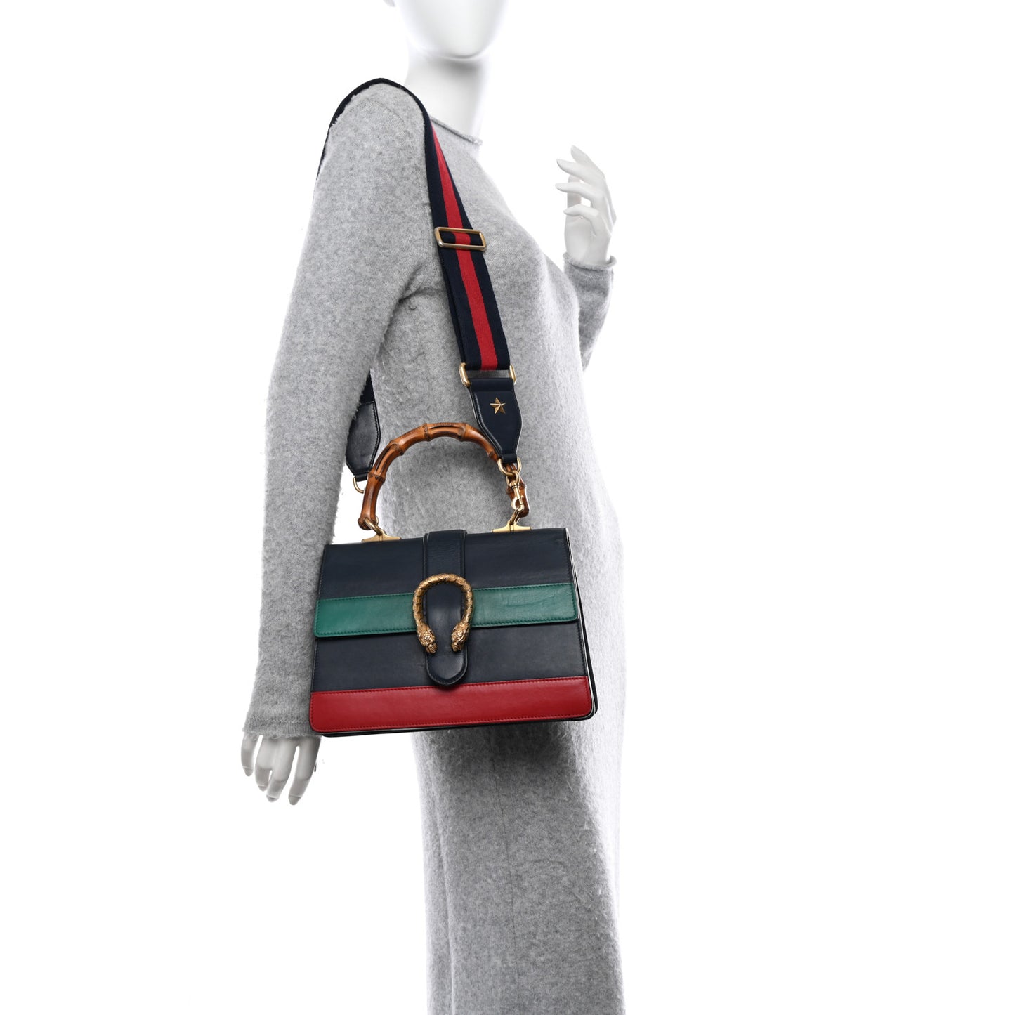 Moon Calfskin Bamboo Web Medium Dionysus Top Handle Bag Blue Emerald Hibiscus Red