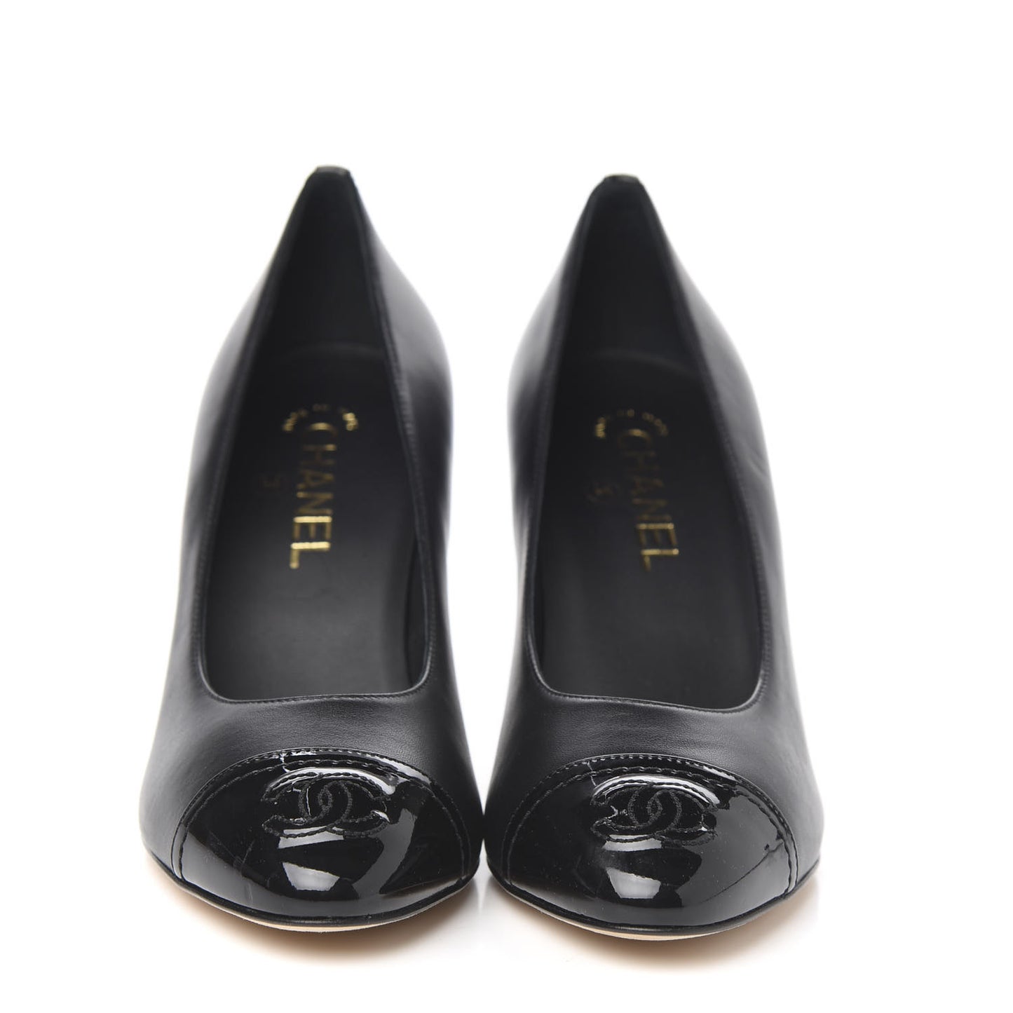Lambskin Patent Calfskin Cap Toe CC Pumps 38.5 Black