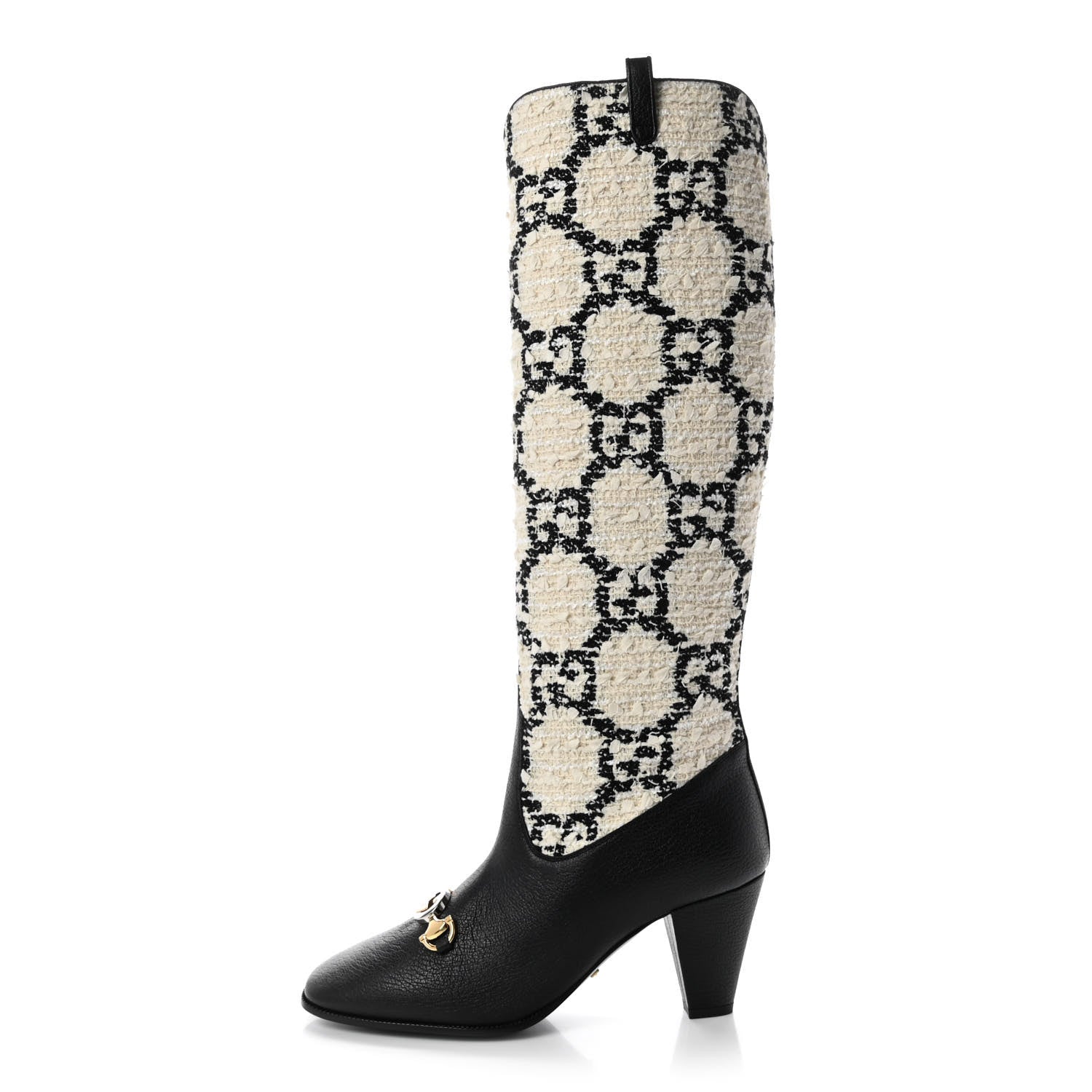 Gucci Tweed GG Monogram Wrinkled Kid Zumi Knee Boots 37.5 Natural Black 1 of 8