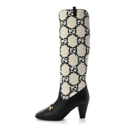 Gucci Tweed GG Monogram Wrinkled Kid Zumi Knee Boots 37.5 Natural Black 1 of 8