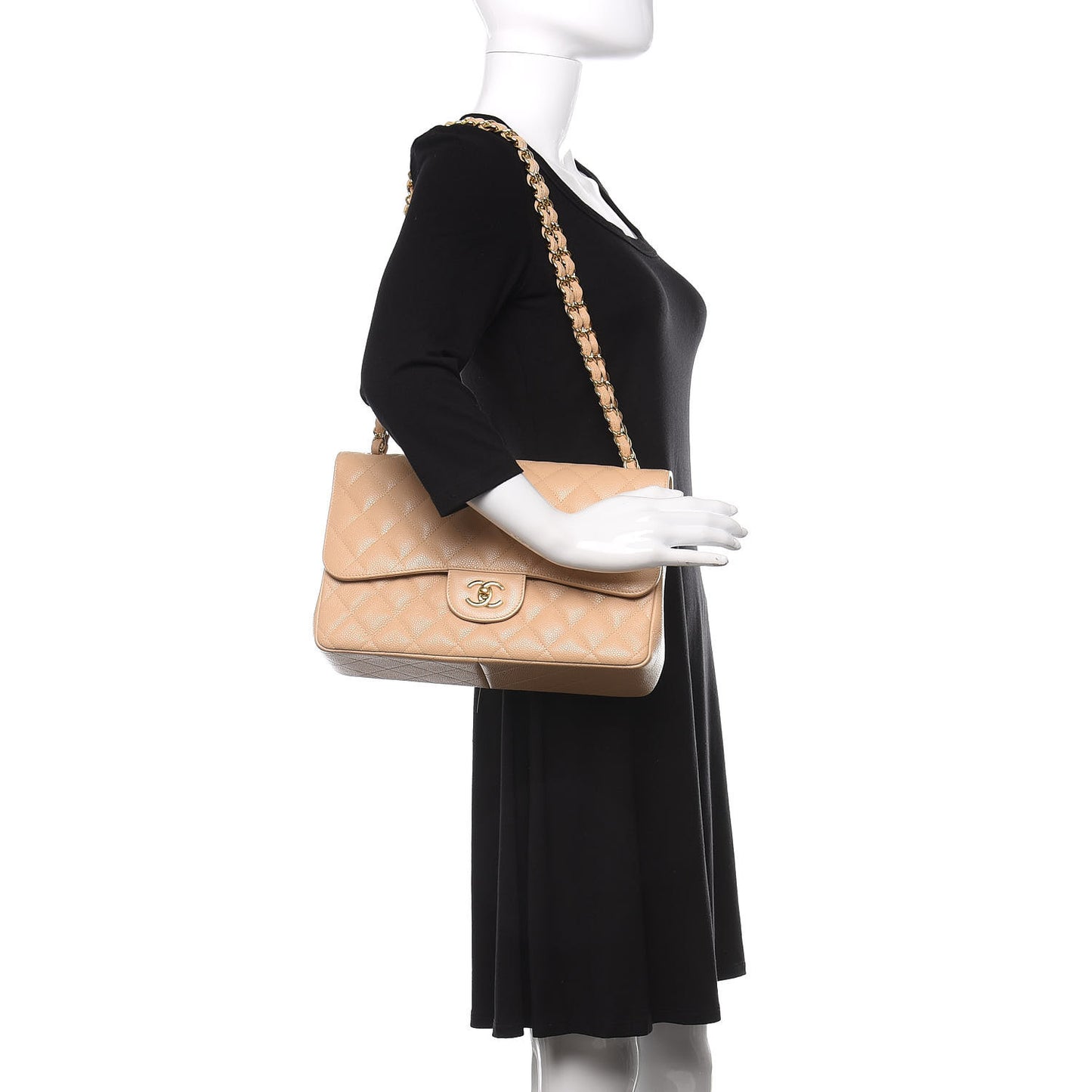 Caviar Quilted Jumbo Double Flap Beige