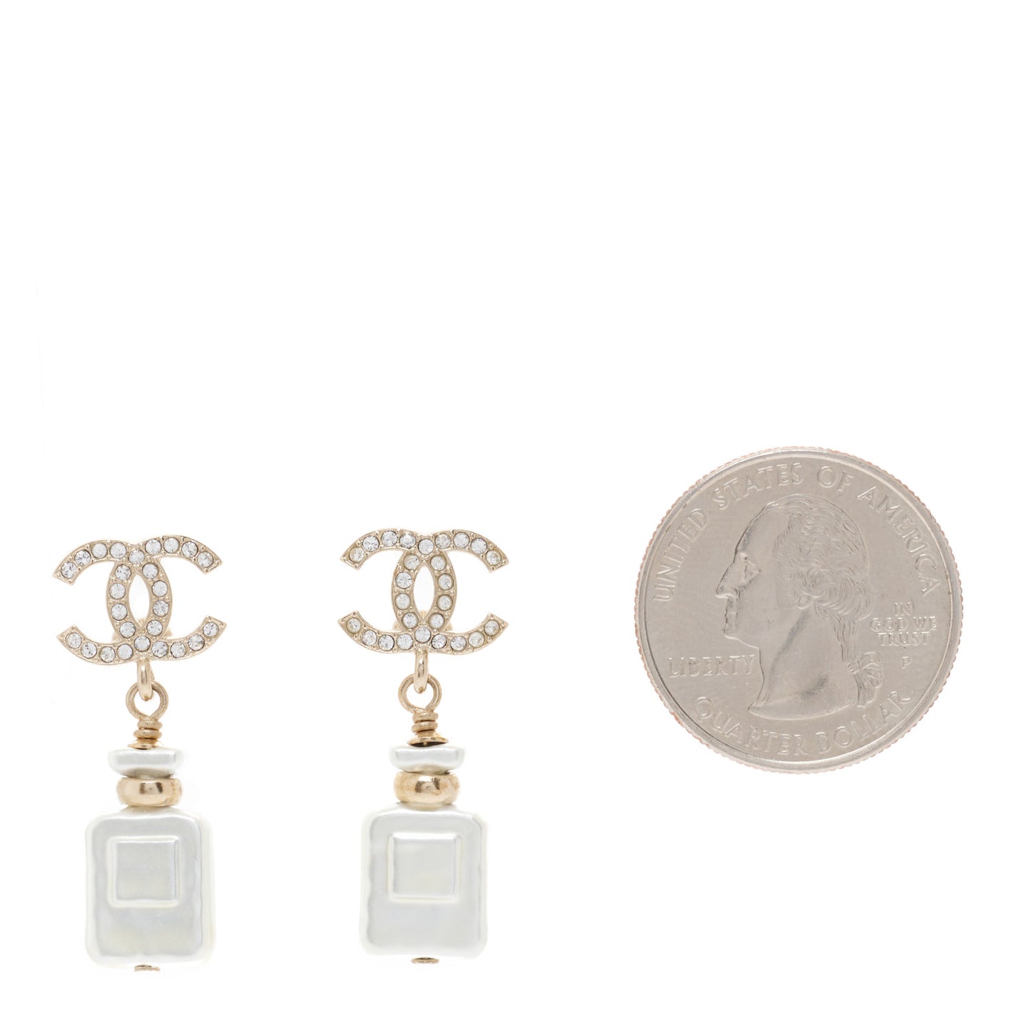 Pearl Resin Crystal CC Perfume Bottle Drop Earrings Gold Pearly White