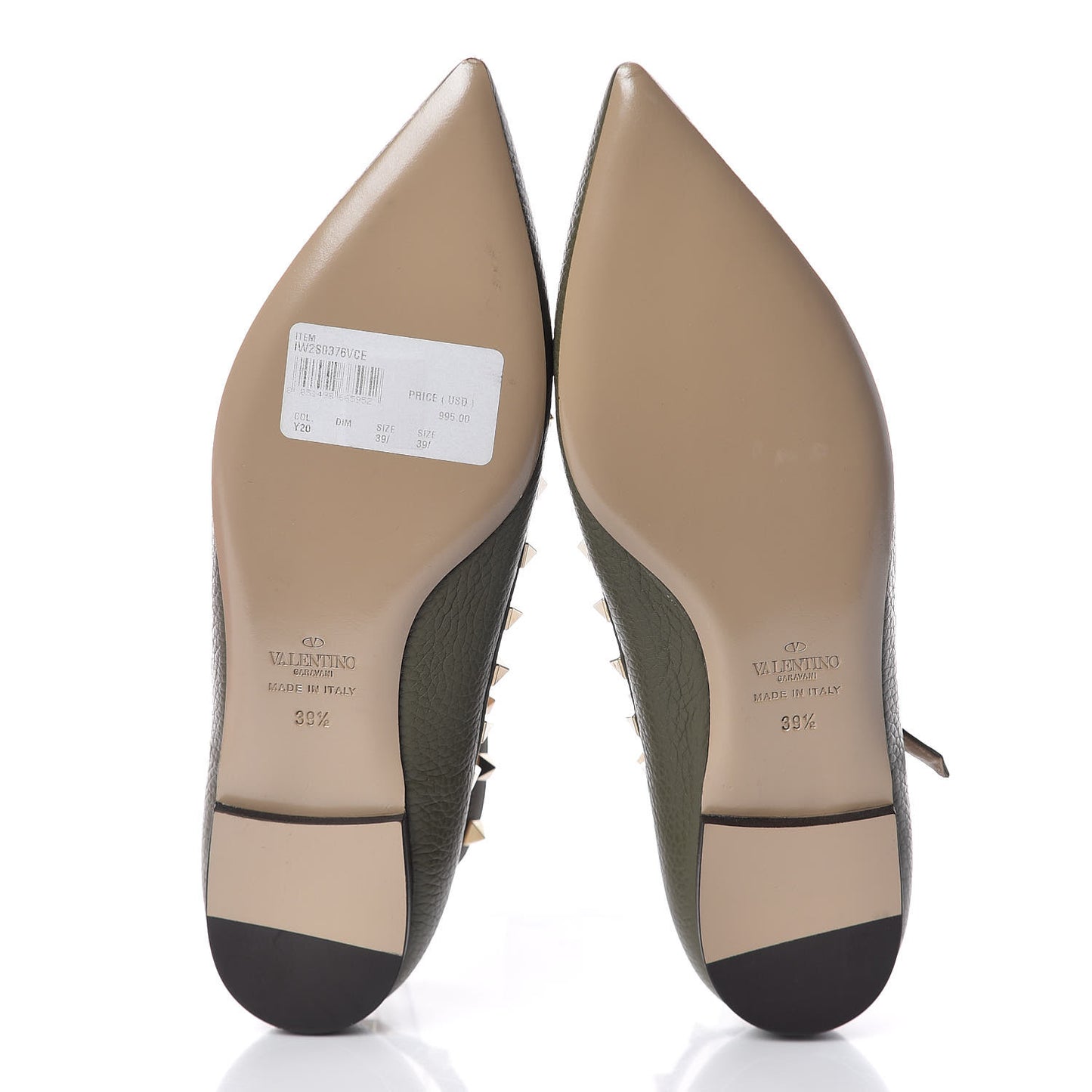 Pebbled Calfskin Rockstud Cage Ballerina Flats 39.5 Army Green