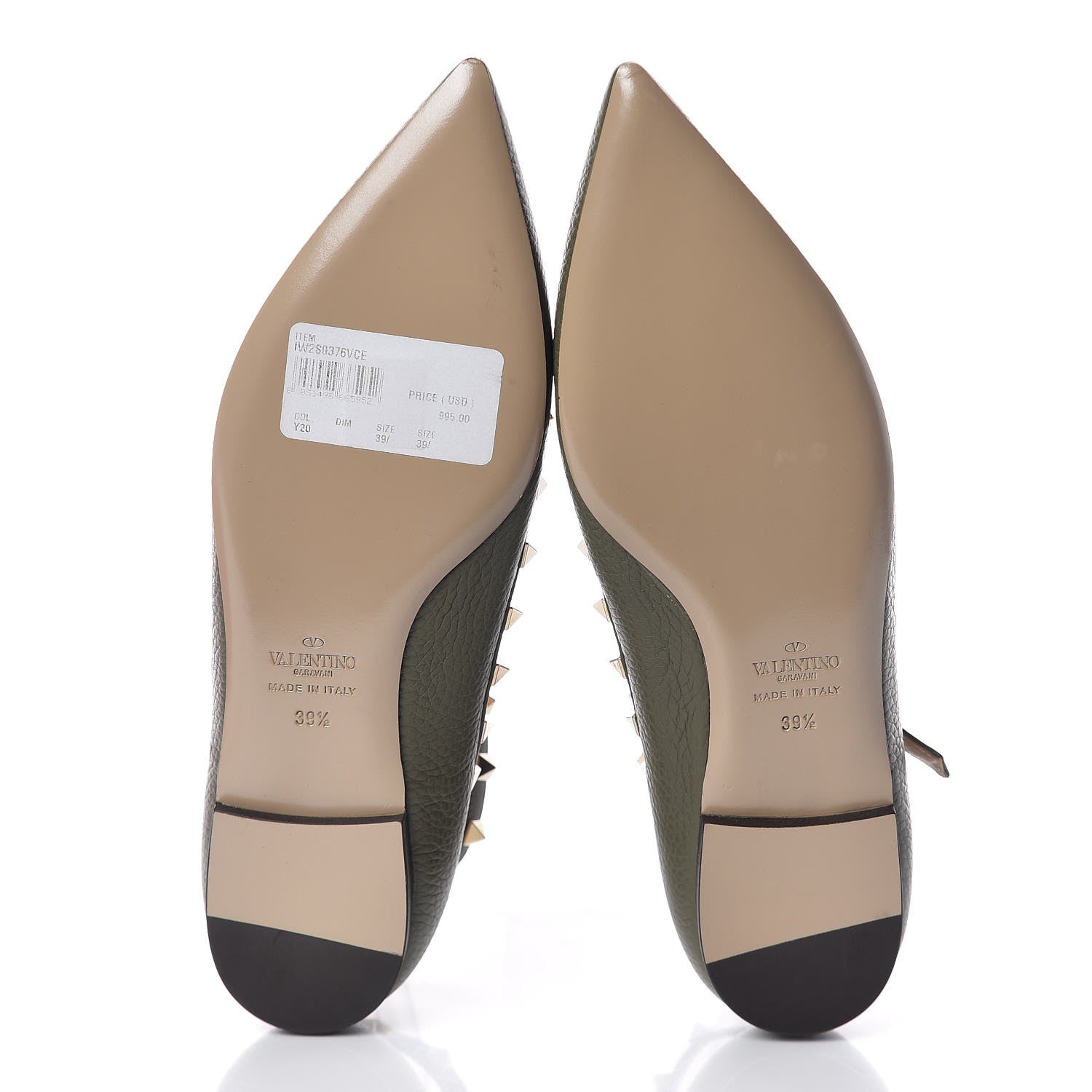 Valentino Garavani Pebbled Calfskin Rockstud Cage Ballerina Flats 39.5 Army Green 6 of 7