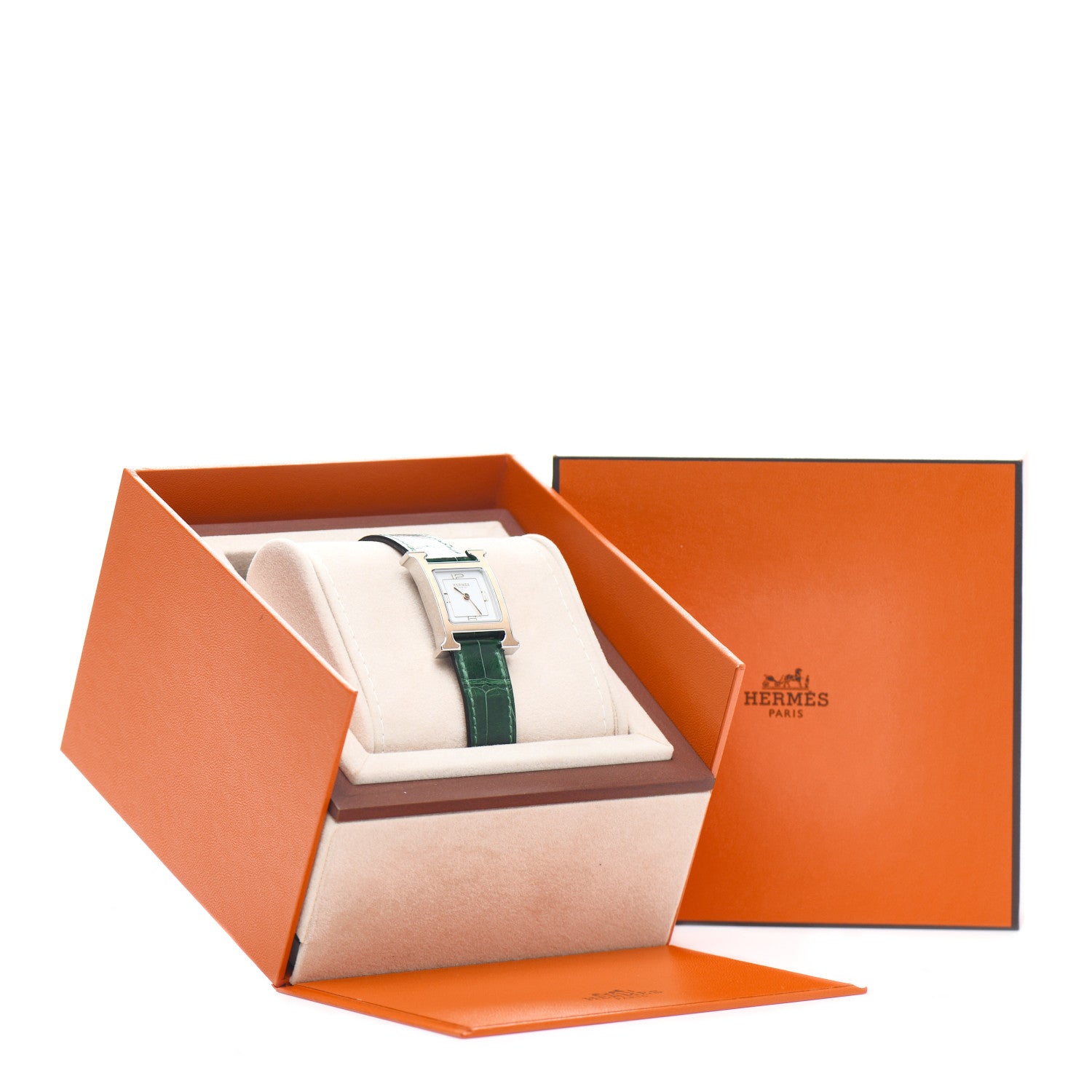 Hermes Stainless Steel Alligator Mother of Pearl 21mm Heure H Hour Quartz Watch Vert Moyen 5 of 5