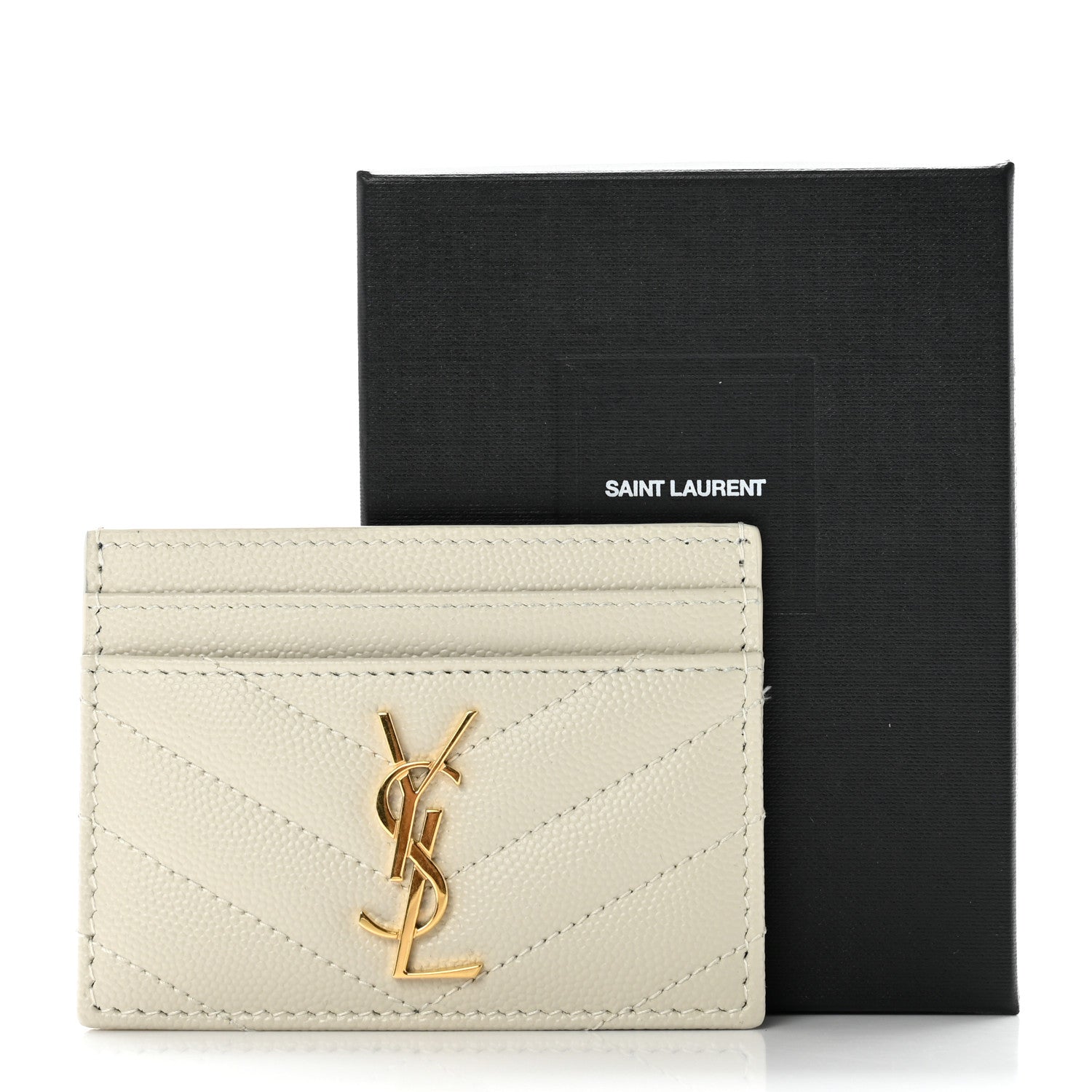 Saint Laurent Grain De Poudre Matelasse Chevron Monogram Credit Card Case Crema Soft 8 of 8