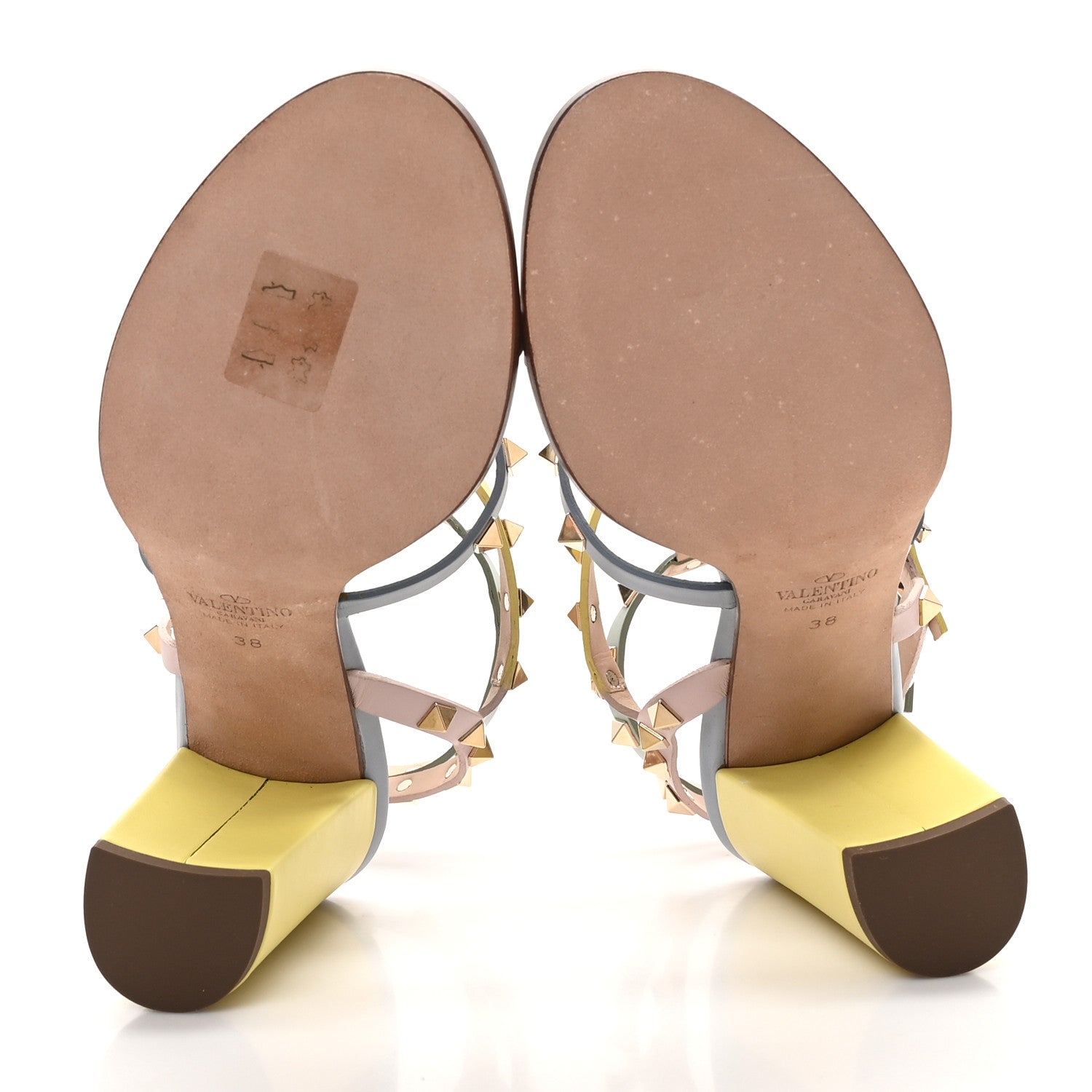 Valentino Garavani Calfskin Rockstud 90mm City Sandals 38 Sky Rose Green Yellow 6 of 9