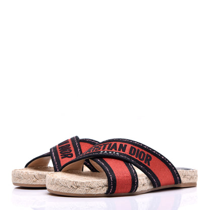 Christian Dior Canvas Embroidered Granville Espadrille Crisscross Flat Slide Sandals 37 Spicy Red 3 of 9