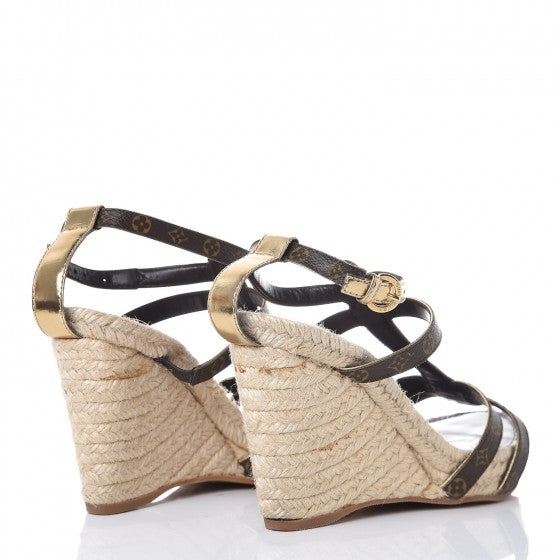Monogram Metallic Bahamas T-Strap Espadrille Wedge Sandals 39 Brown