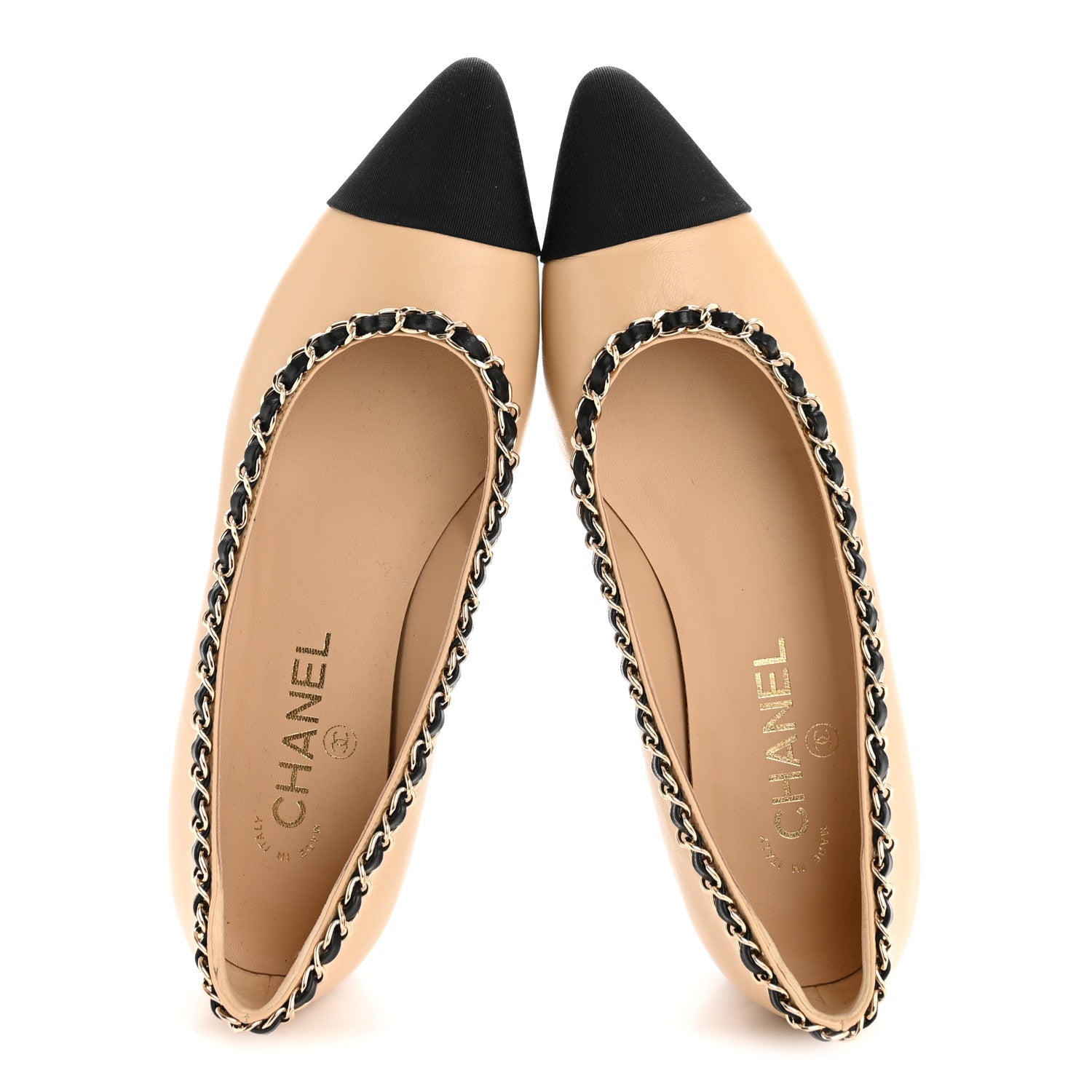Chanel Lambskin Grosgrain Chain Cap Toe Flats 37.5 Beige Black 2 of 11