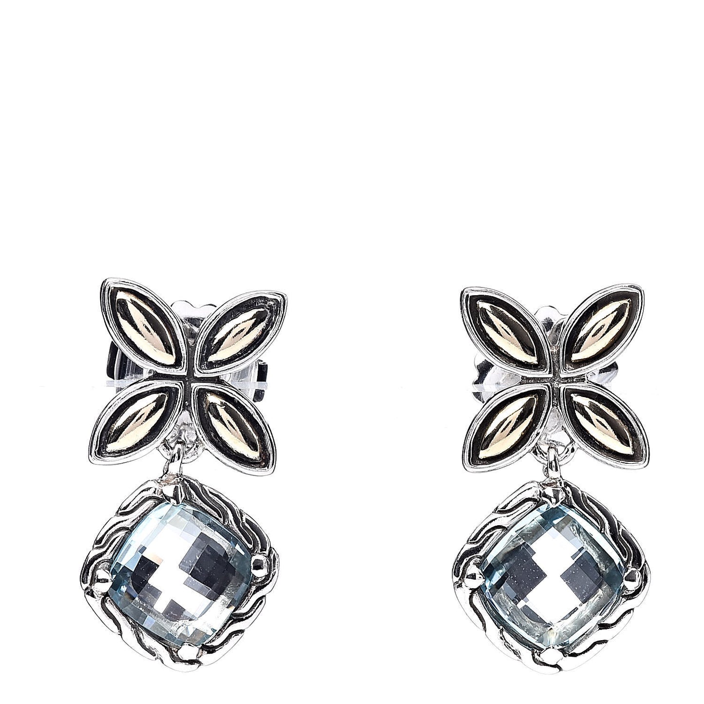 Sterling Silver 18K Yellow Gold Blue Topaz Batu Kawung Drop Earrings