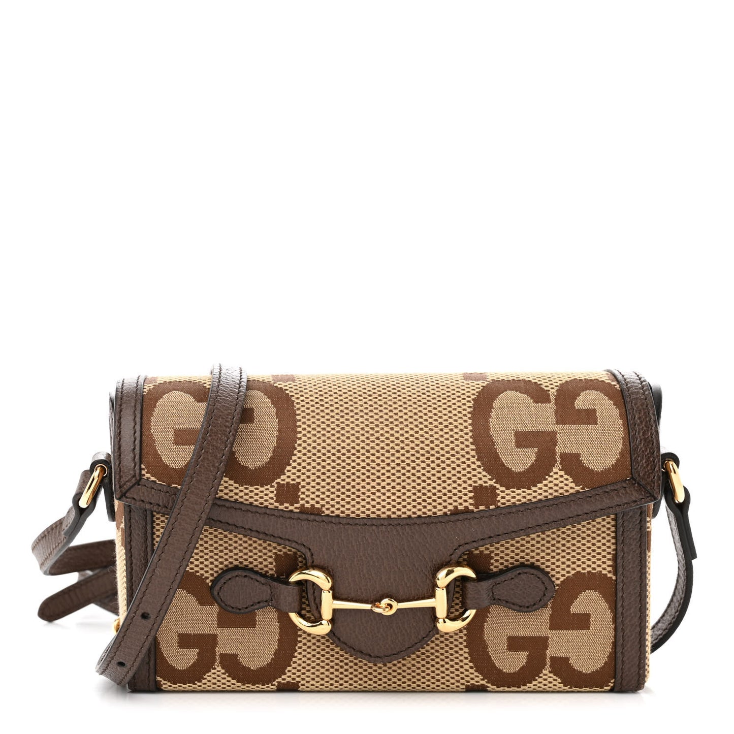 Monogram Jumbo GG Textured Dollar Calfskin Mini Horsebit 1955 Shoulder Bag Camel Ebony New Acero